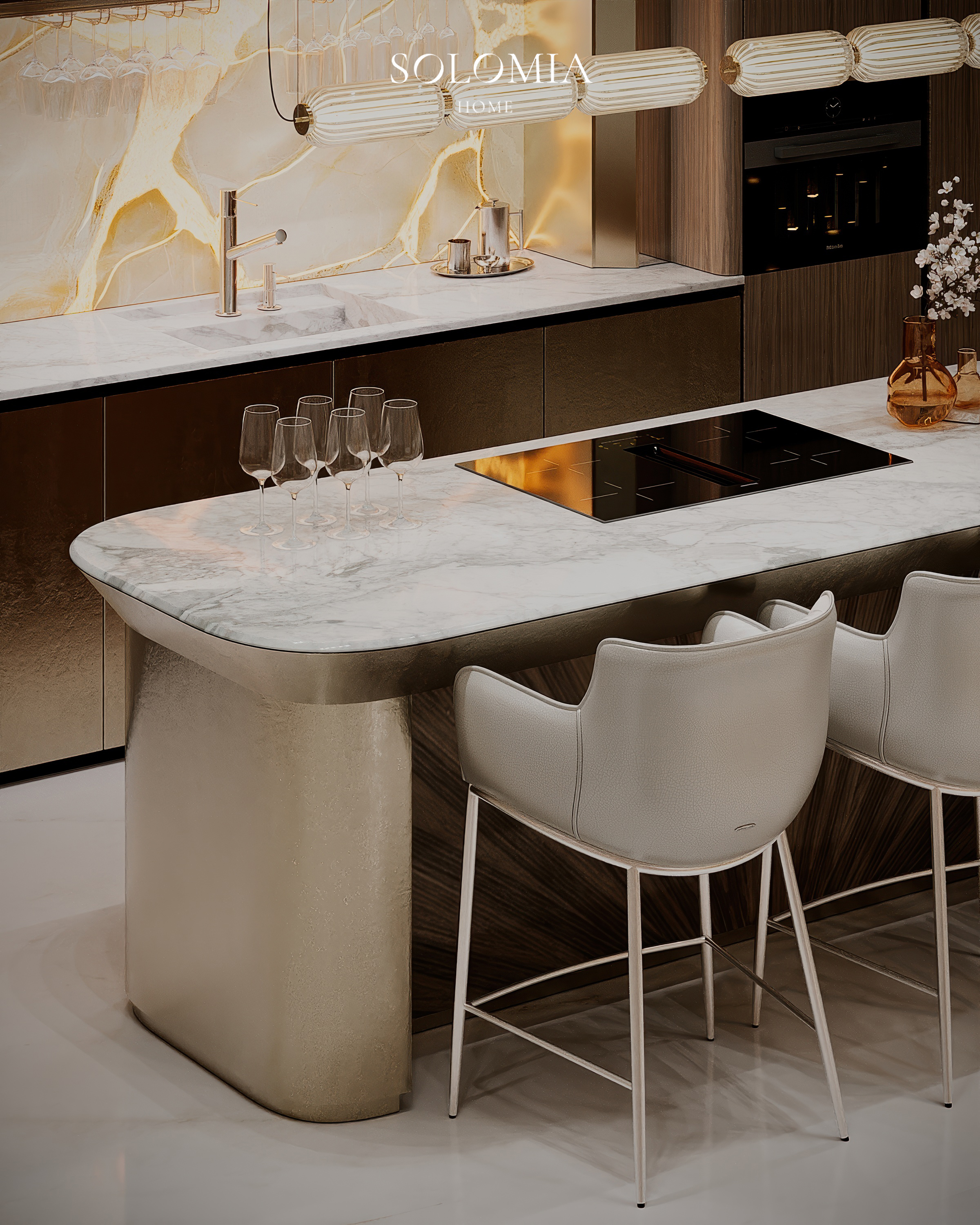 Onyx kitchen island with bar stools, Versace Villa — luxury interior design Dubai