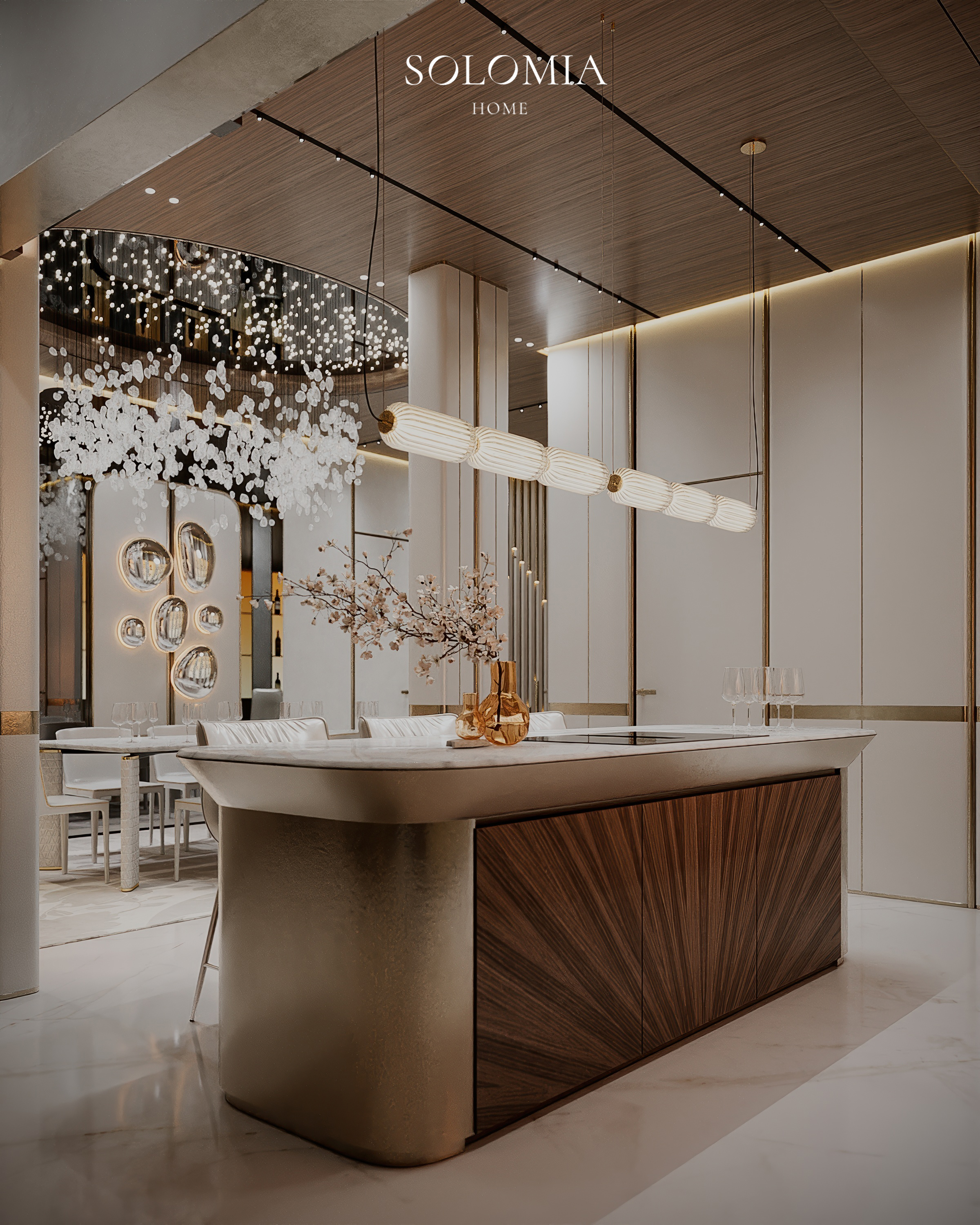 Kitchen island with crystal chandelier, Versace Villa — luxury interior design Dubai