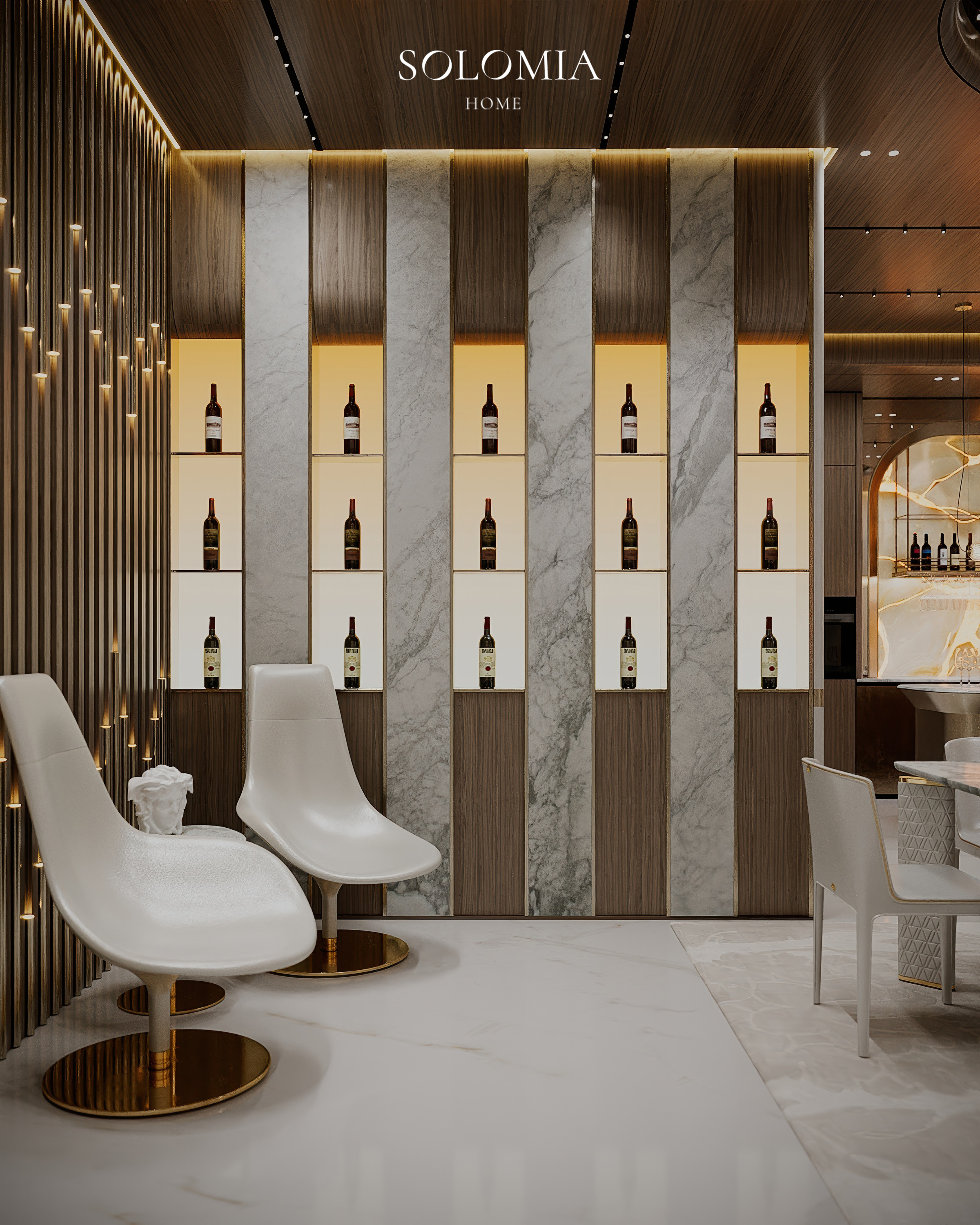 Wine display with white bar chairs, Versace Villa — luxury interior design Dubai