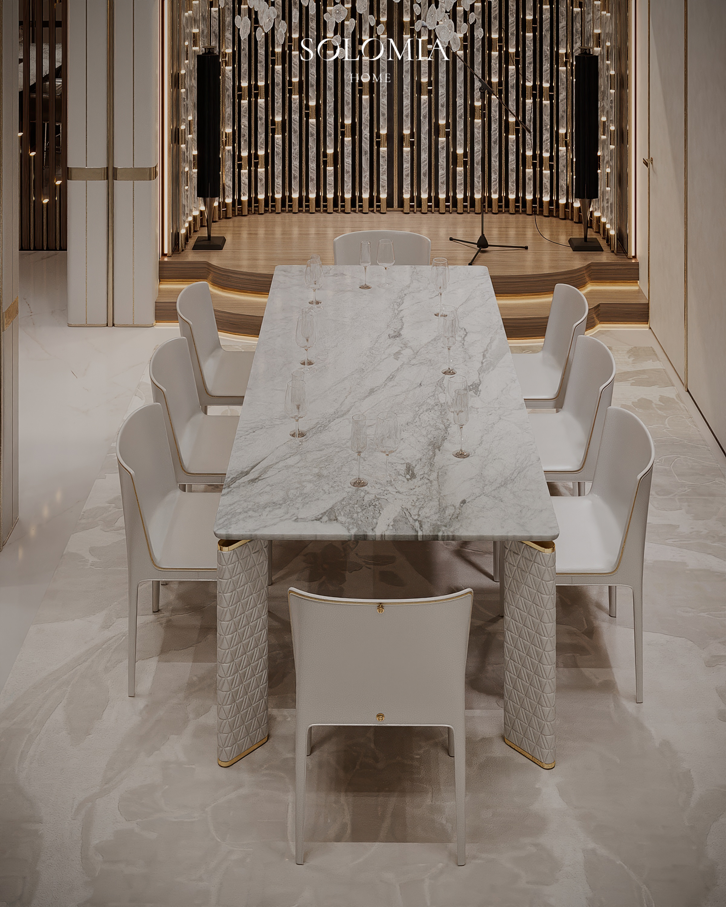 Marble dining table with white chairs, Versace Villa — luxury interior design Dubai