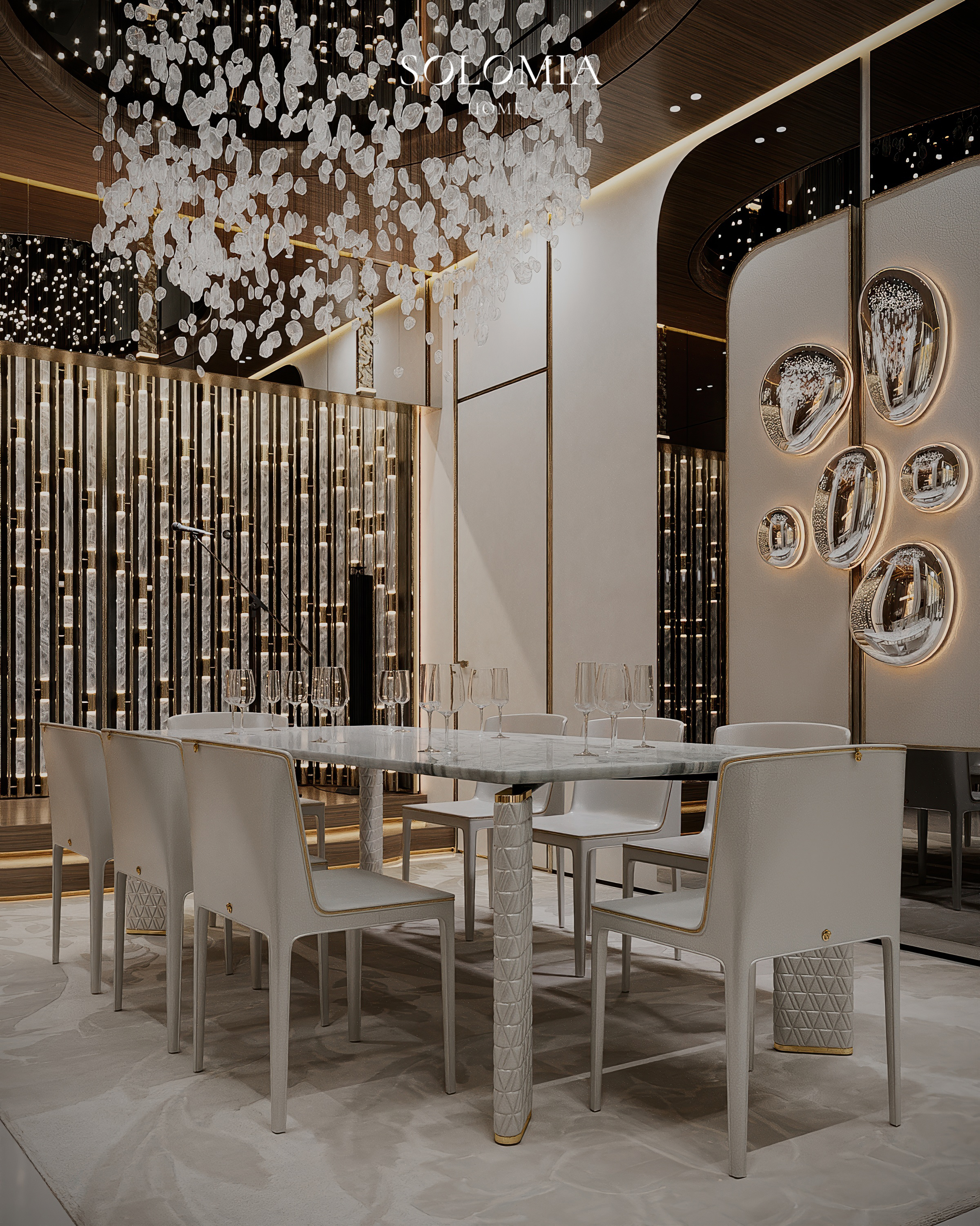 Dining room with cascading crystal chandelier, Versace Villa — luxury interior design Dubai