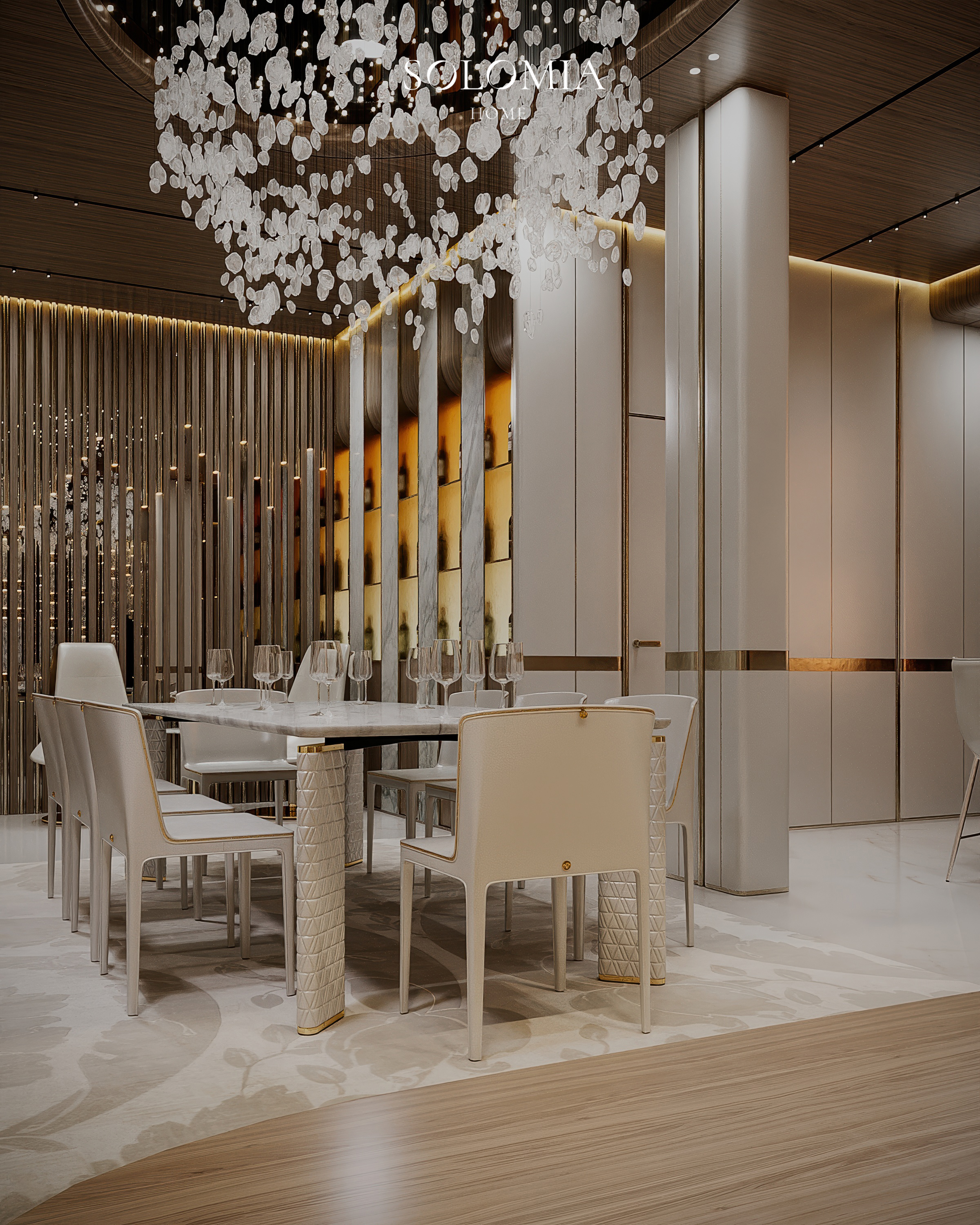 Dining table with beaded screens, Versace Villa — luxury interior design Dubai