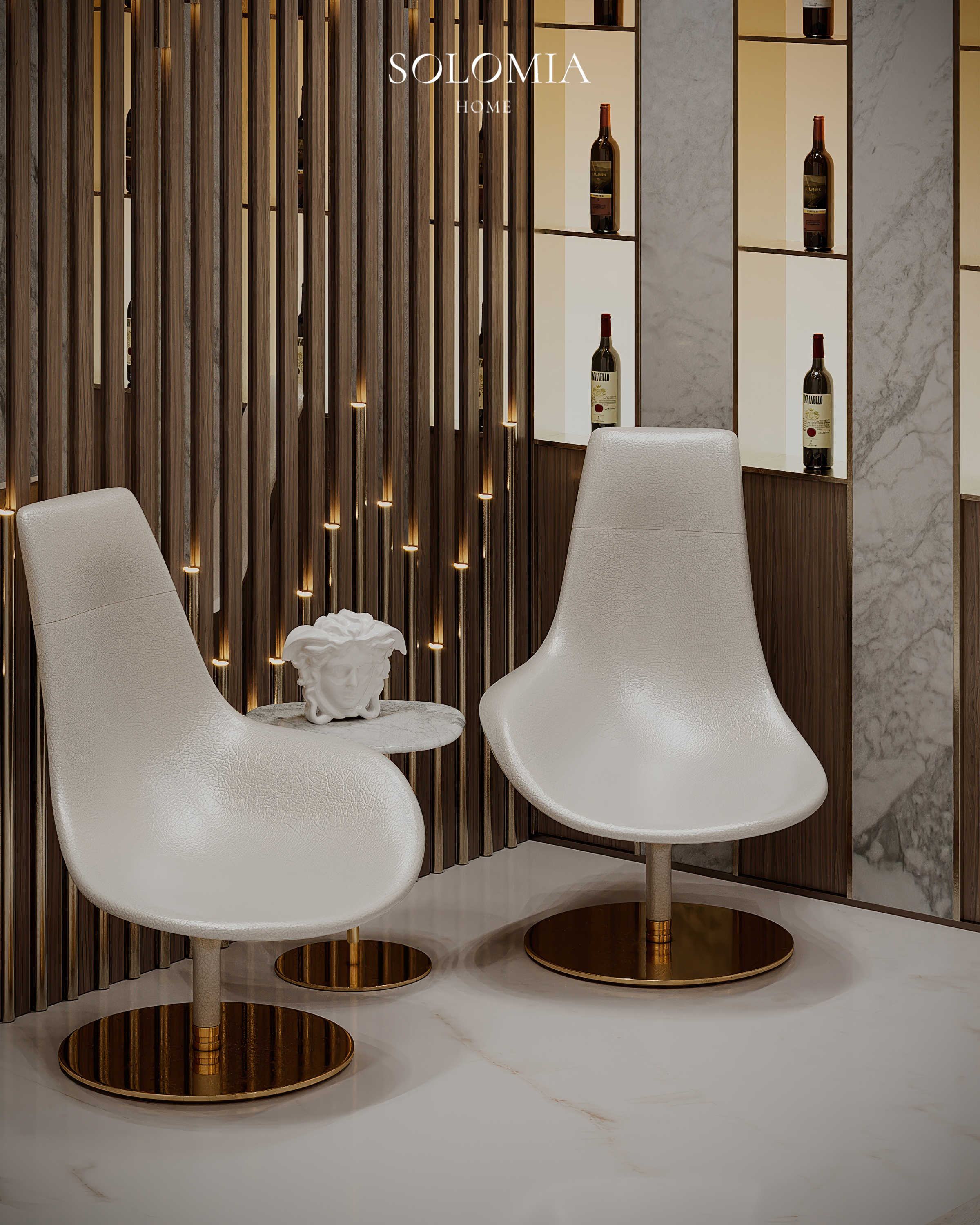 White armchairs by the wine display, Versace Villa — luxury interior design Dubai