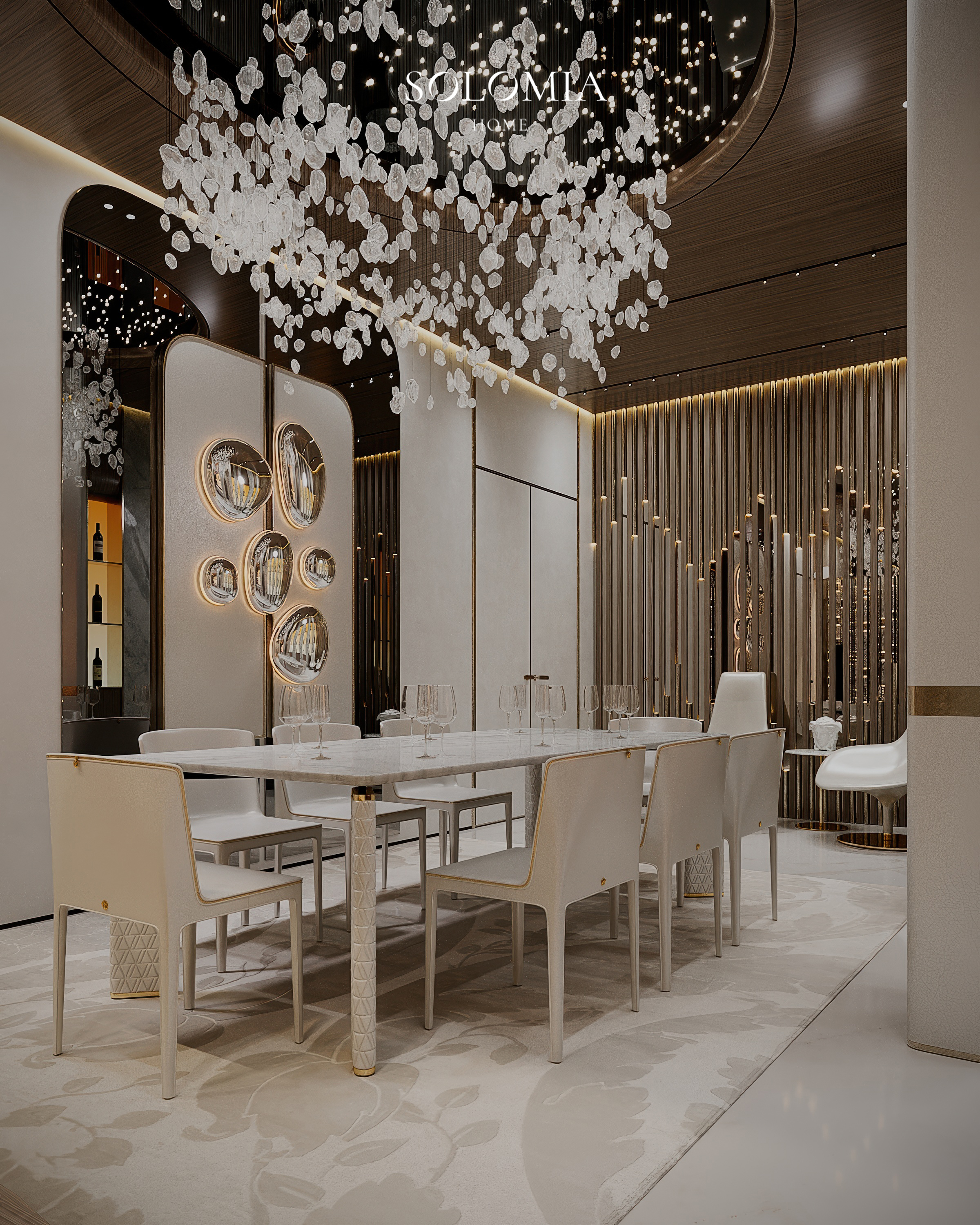 Dining area with crystal chandelier and wine wall, Versace Villa — luxury interior design Dubai