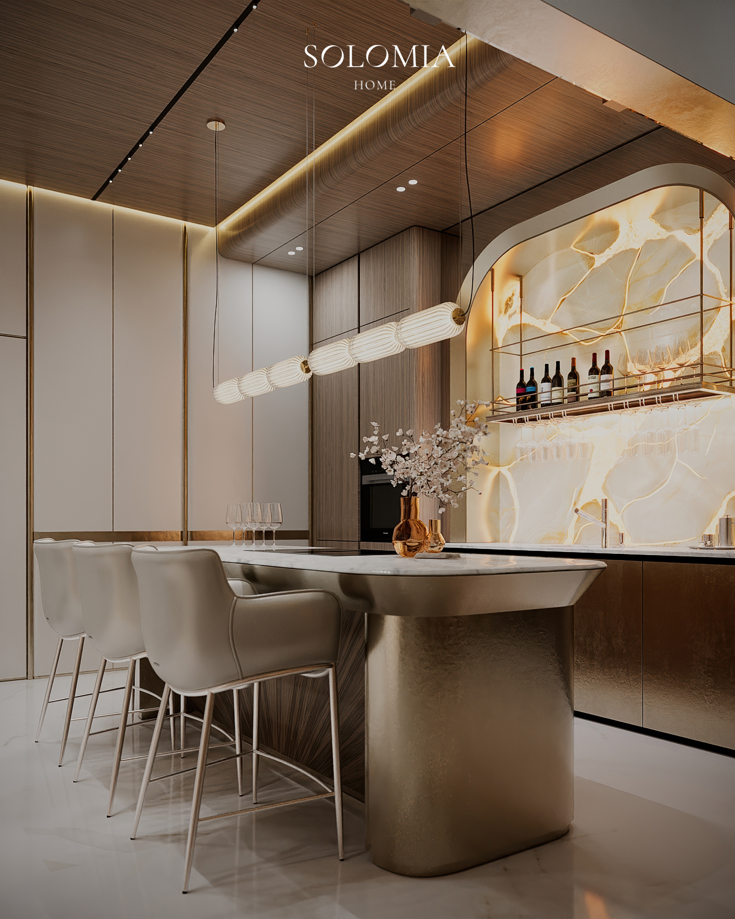 Kitchen island with onyx bar niche, Versace Villa — luxury interior design Dubai