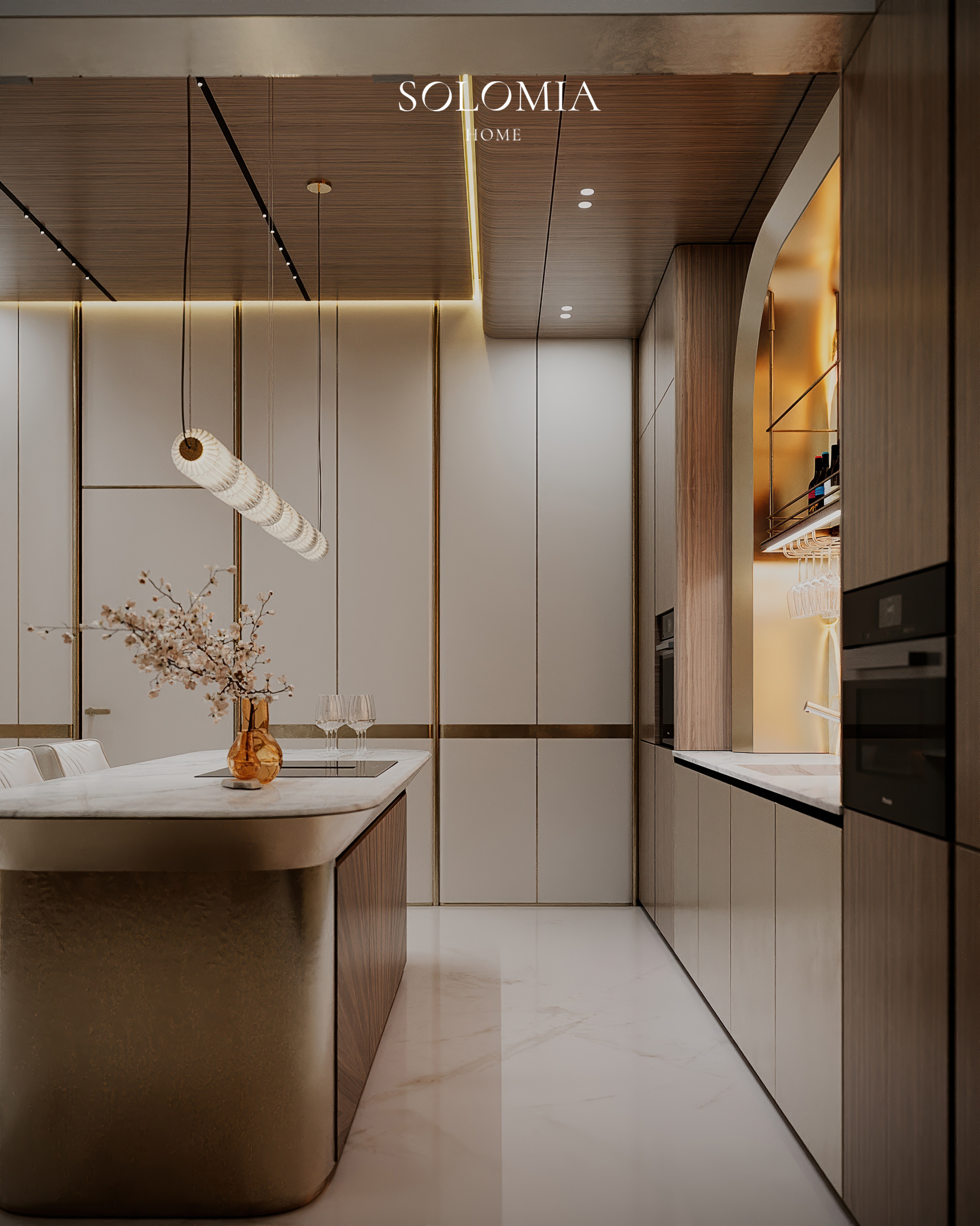 Bronze kitchen island with pendant light, Versace Villa — luxury interior design Dubai