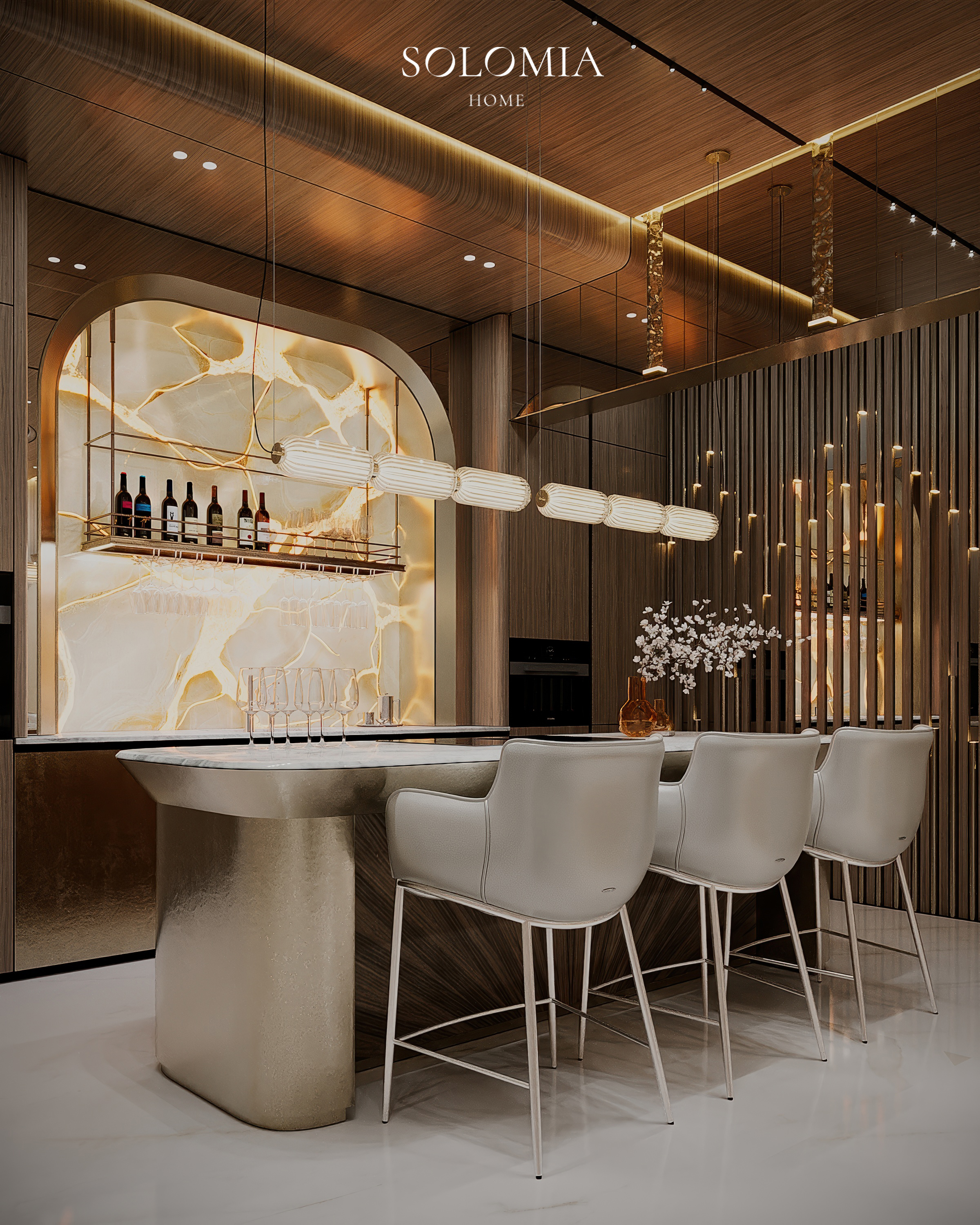 Kitchen bar with onyx niche and stools, Versace Villa — luxury interior design Dubai