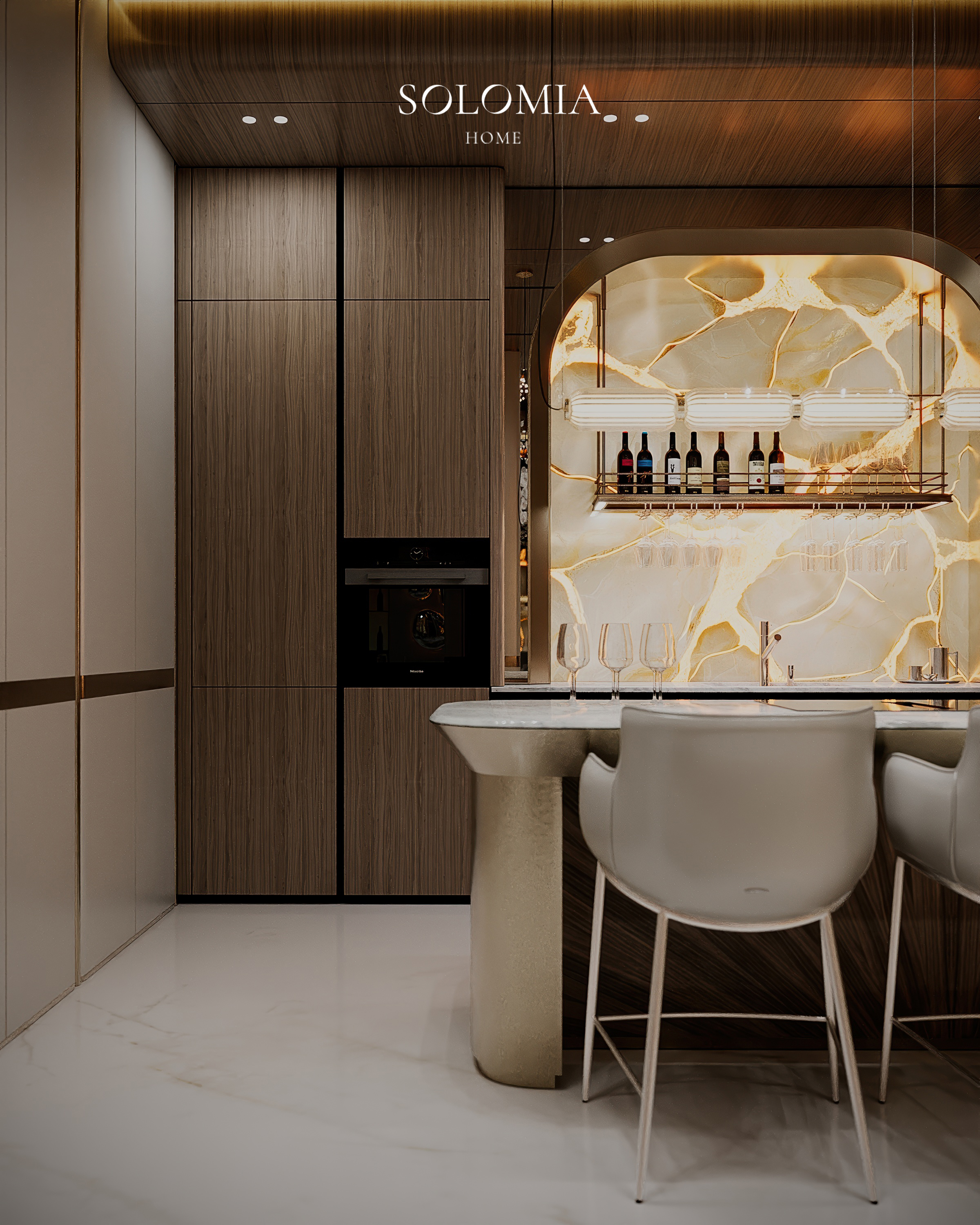 Kitchen with bronze island and wine shelves, Versace Villa — luxury interior design Dubai
