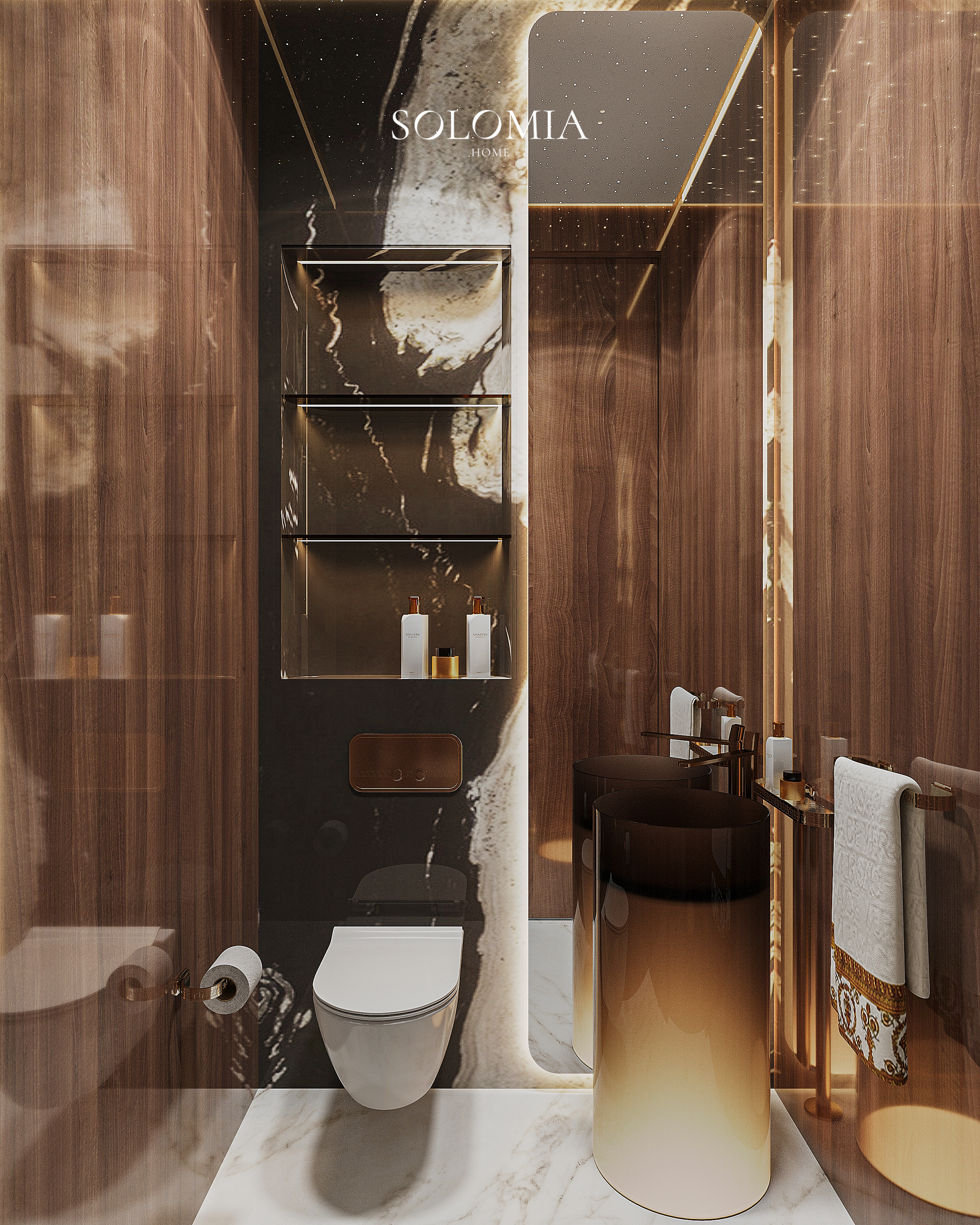 Guest bathroom with dark marble and lit basin, Versace Villa — luxury interior design Dubai