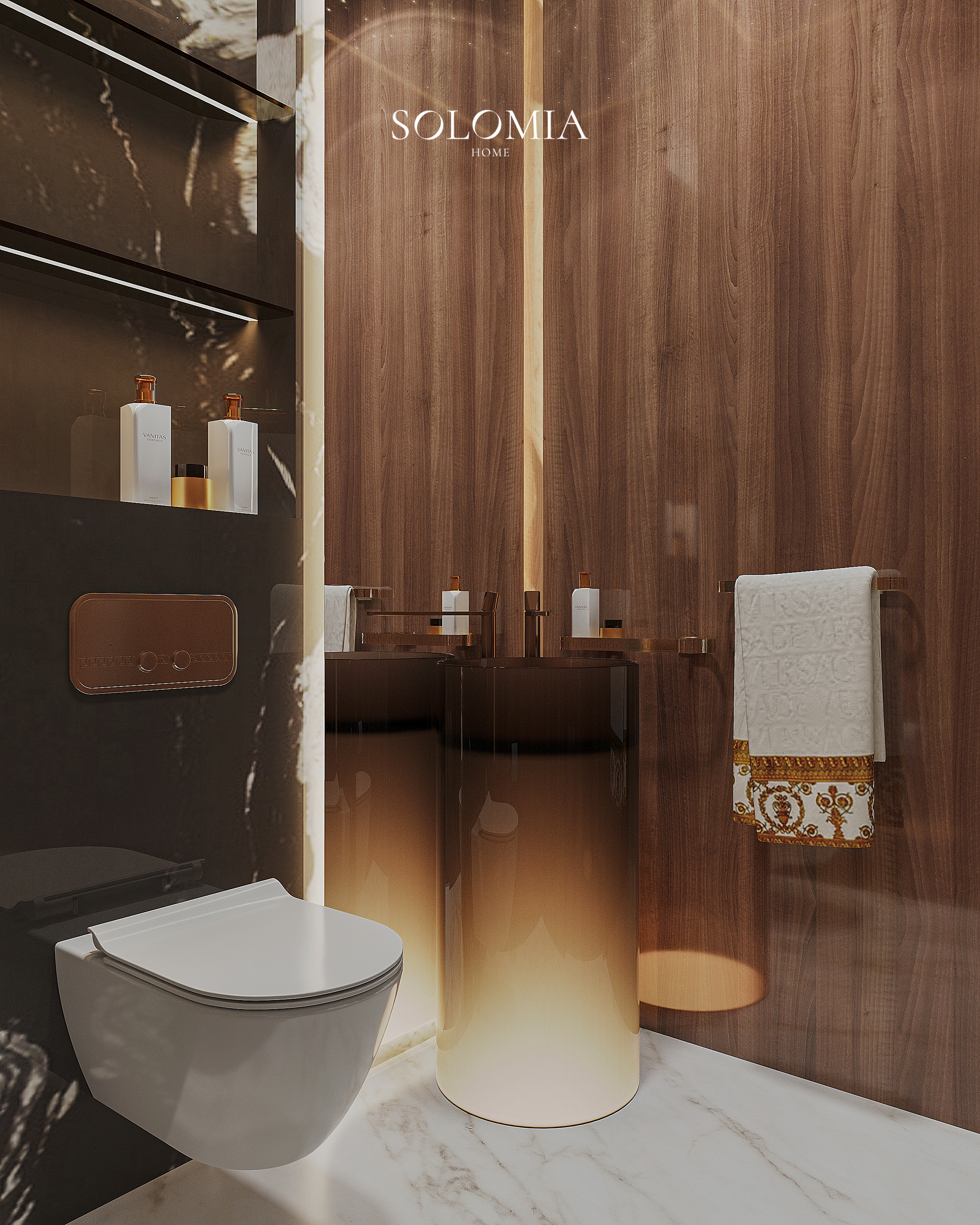 Guest toilet with glowing pedestal basin, Versace Villa — luxury interior design Dubai