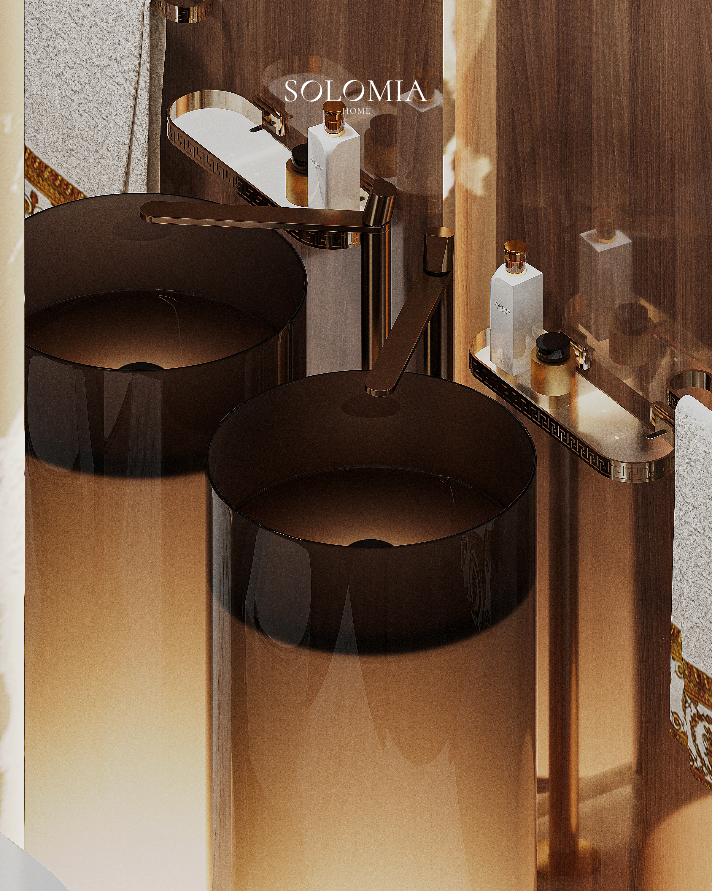 Glass pedestal washbasins, Versace Villa — luxury interior design Dubai