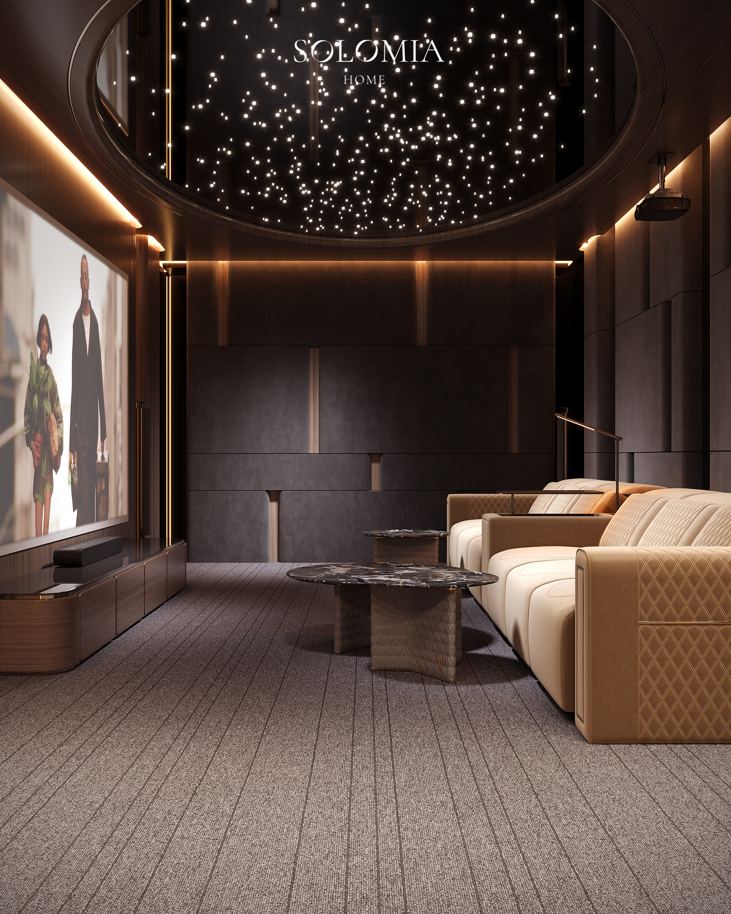 Home cinema with quilted leather sofas, Versace Villa — luxury interior design Dubai
