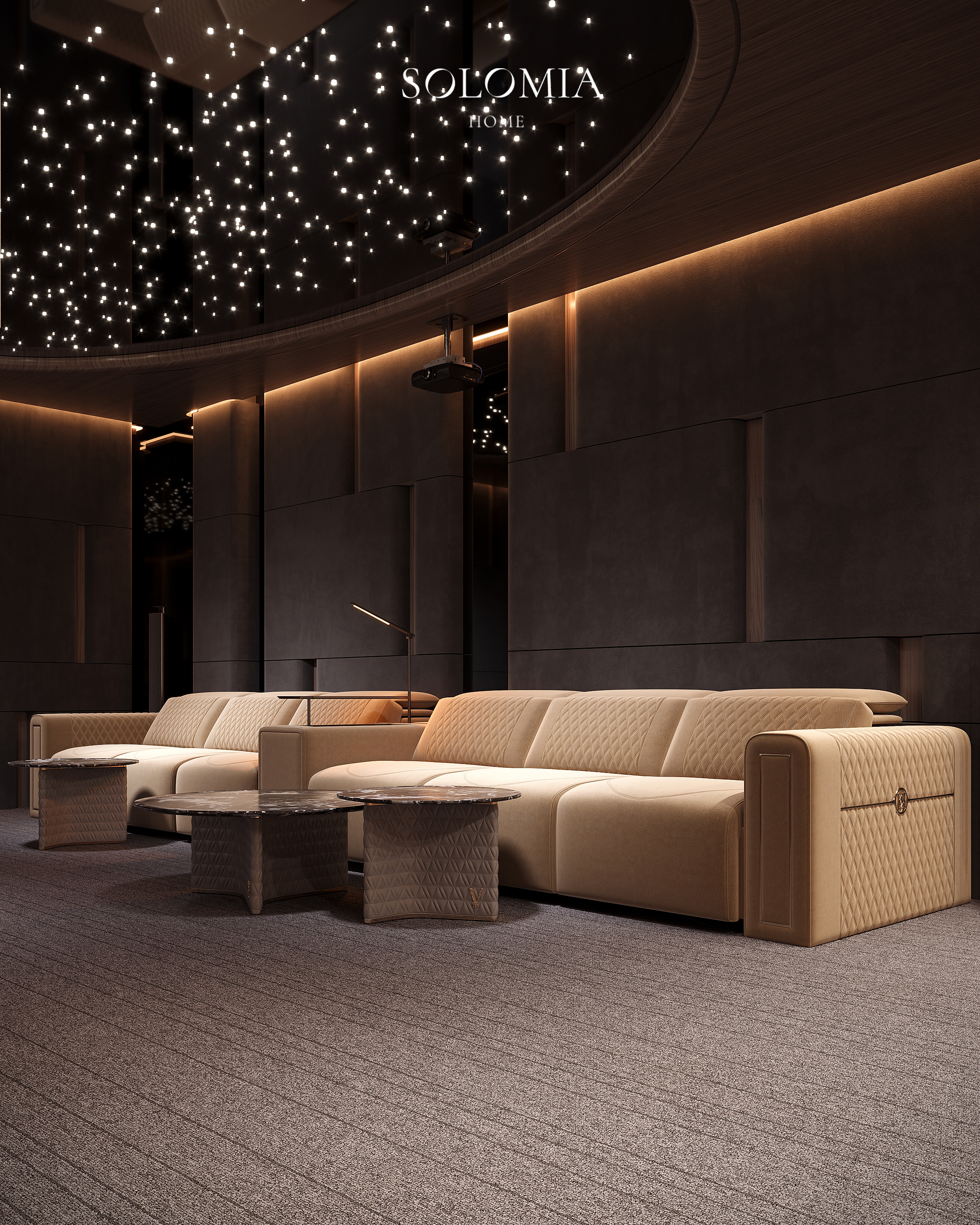 Cinema room with starry ceiling and screen, Versace Villa — luxury interior design Dubai
