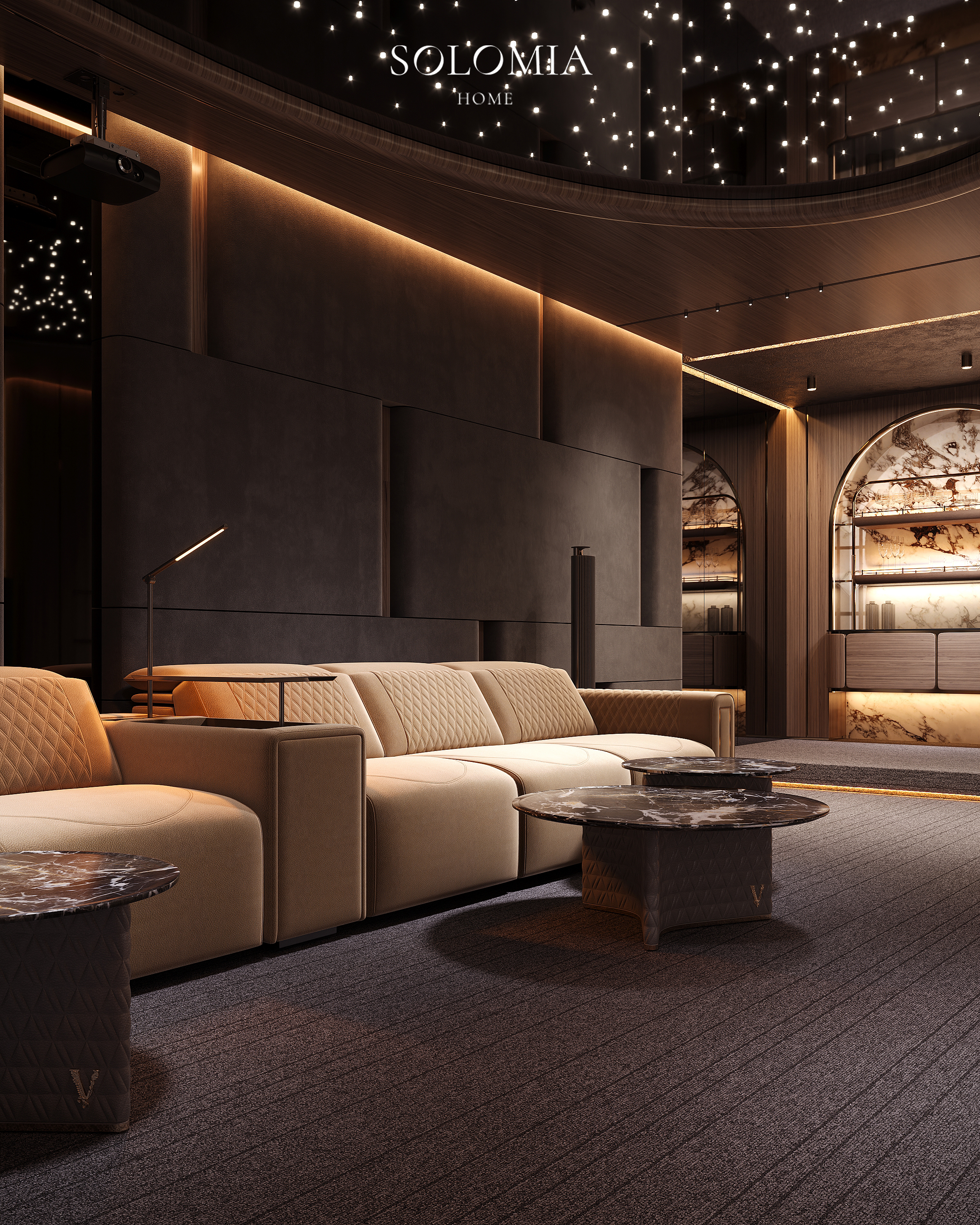 Cinema lounge with leather sofa, Versace Villa — luxury interior design Dubai