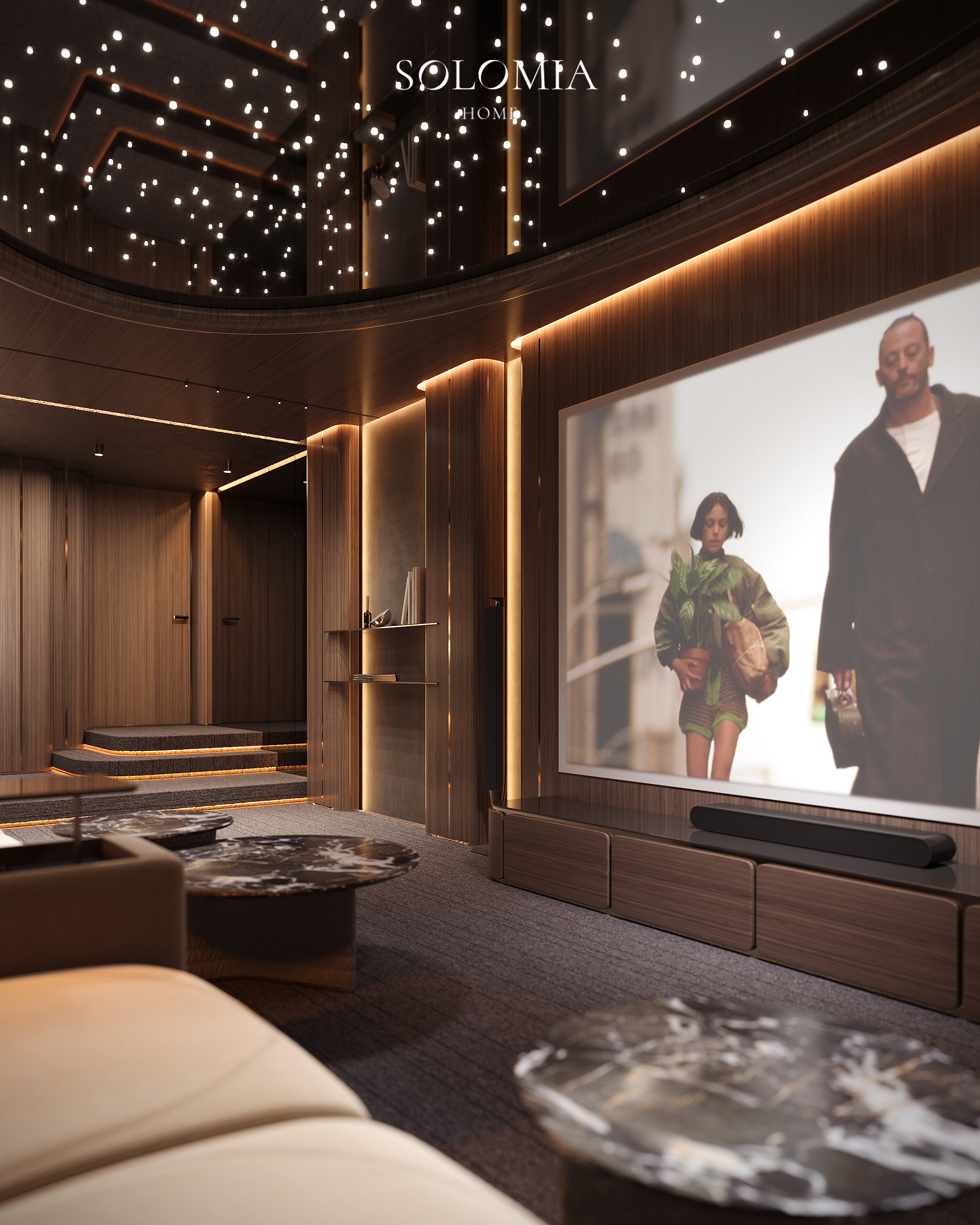 Home cinema screen with lit niche, Versace Villa — luxury interior design Dubai
