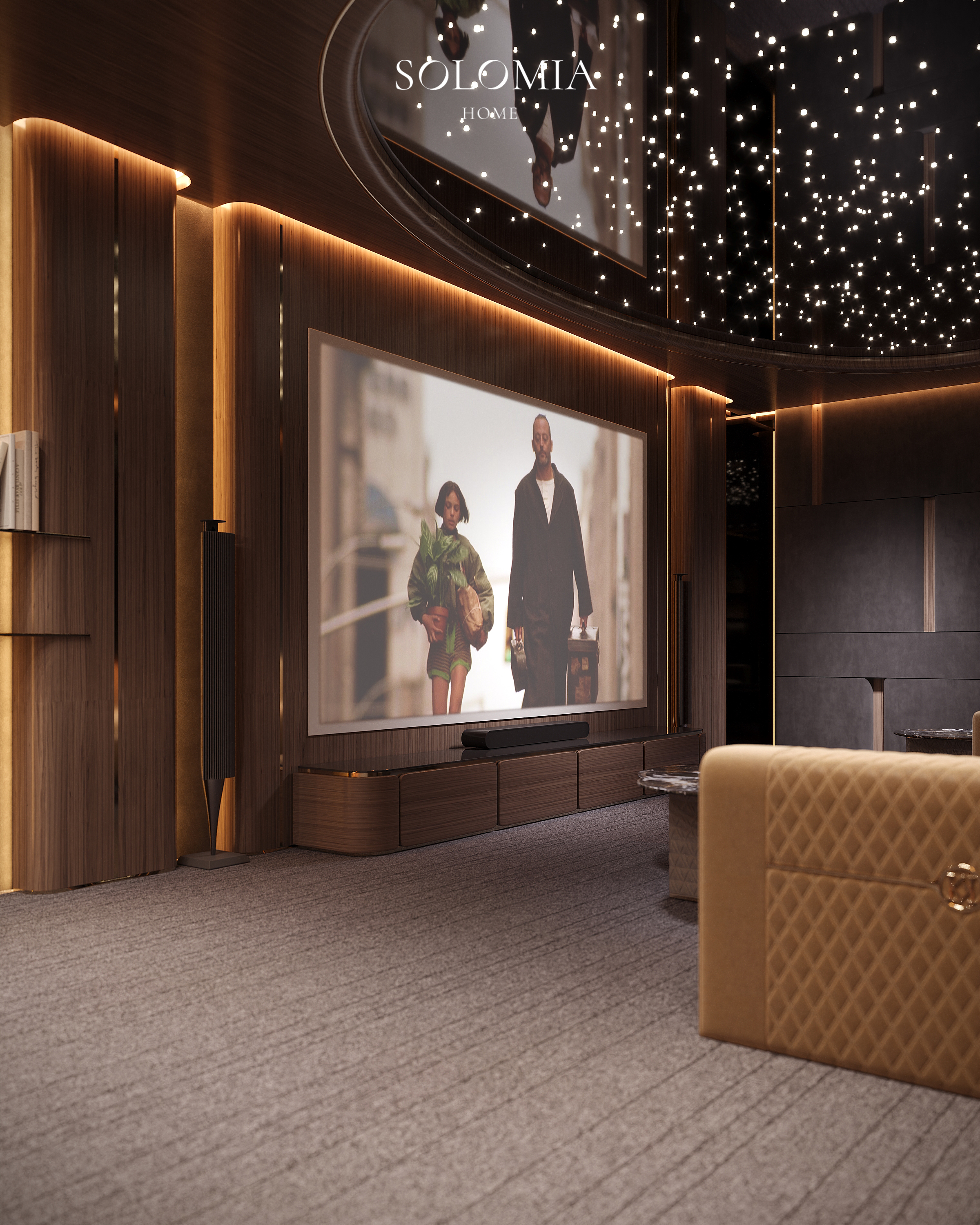 Home cinema with leather sofas, Versace Villa — luxury interior design Dubai
