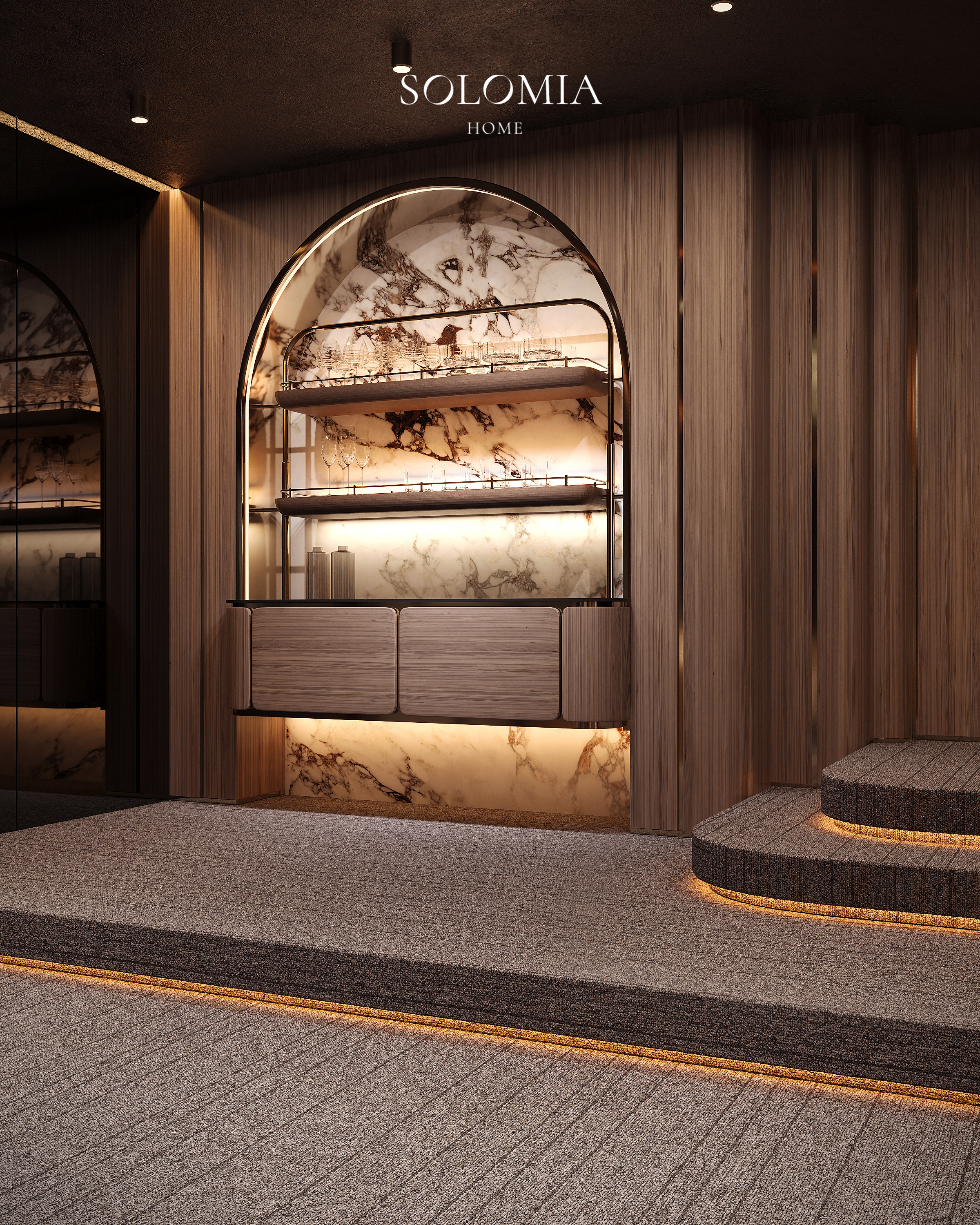 Cinema room niche with onyx panel, Versace Villa — luxury interior design Dubai
