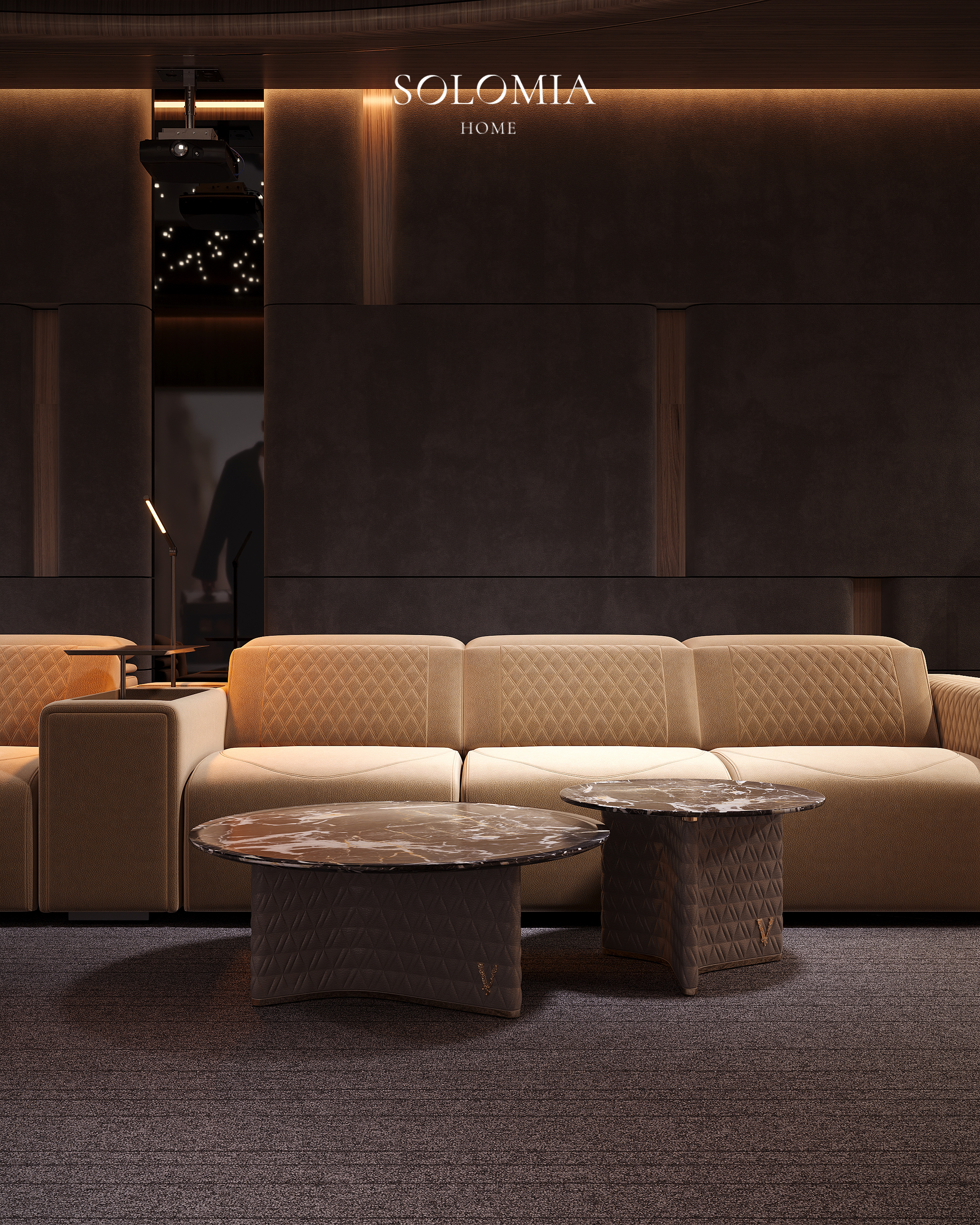 Leather sofa with marble tables, Versace Villa — luxury interior design Dubai