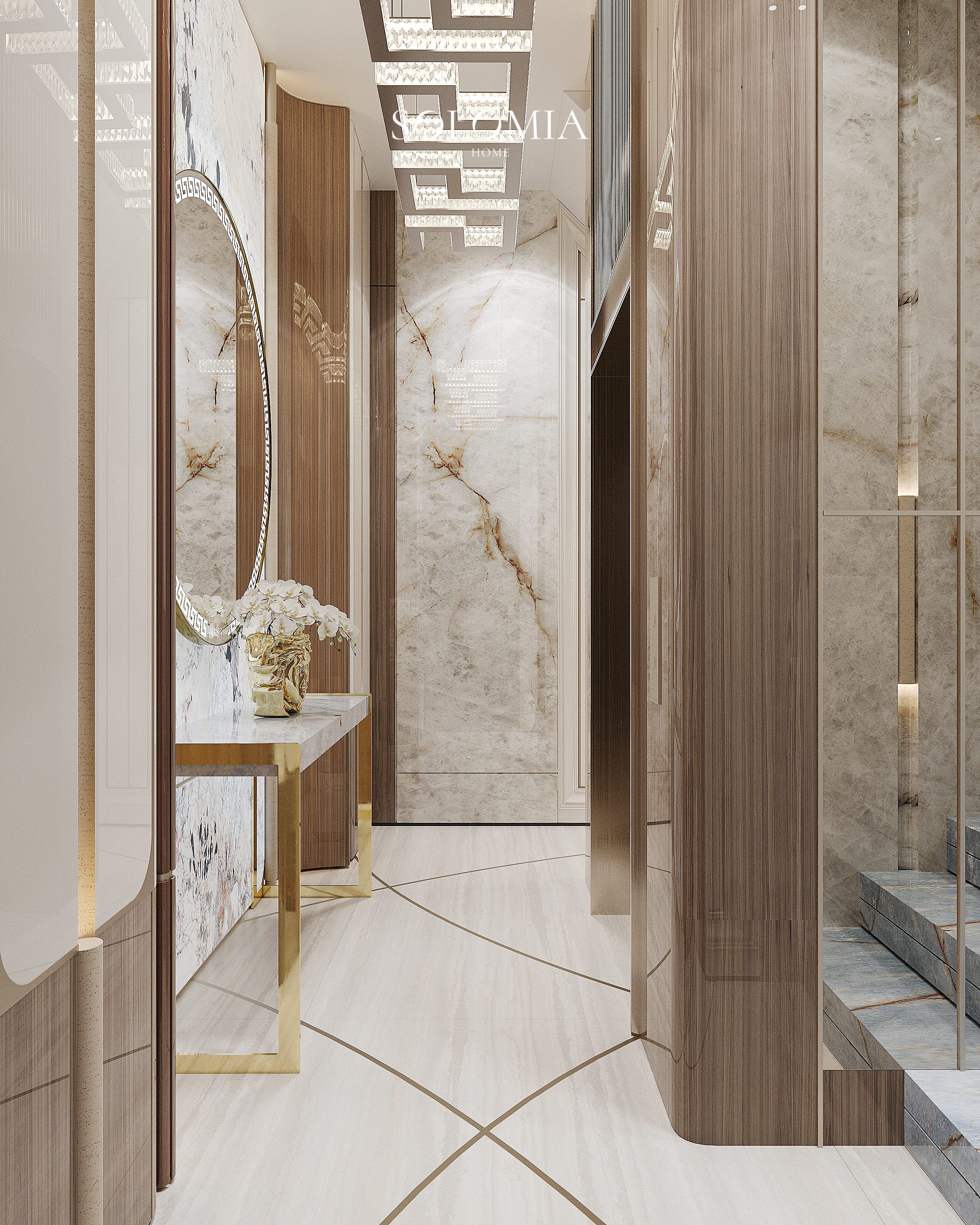 Staircase hall with marble and round mirror, Versace Villa — luxury interior design Dubai