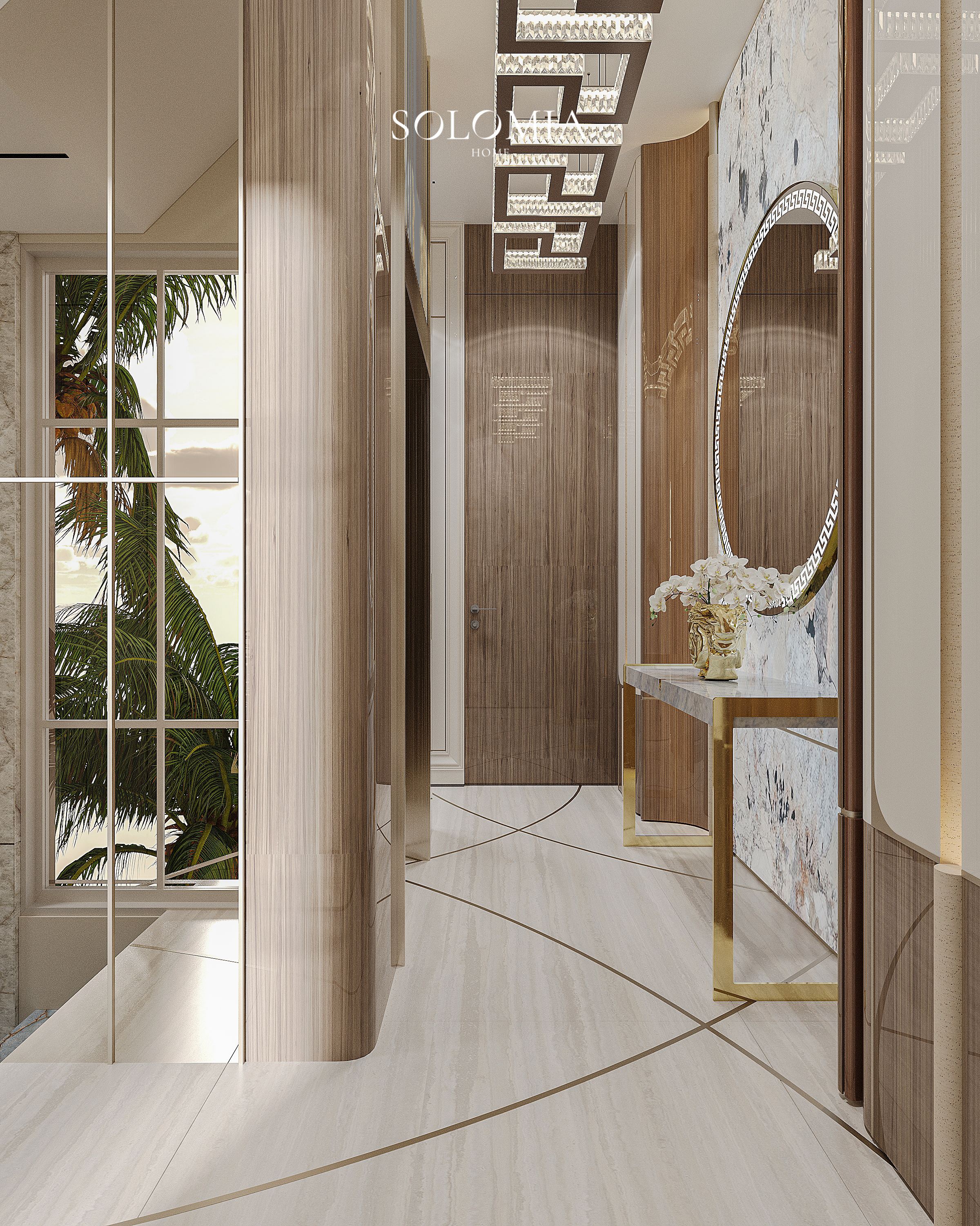 Staircase hall with palm view, Versace Villa — luxury interior design Dubai