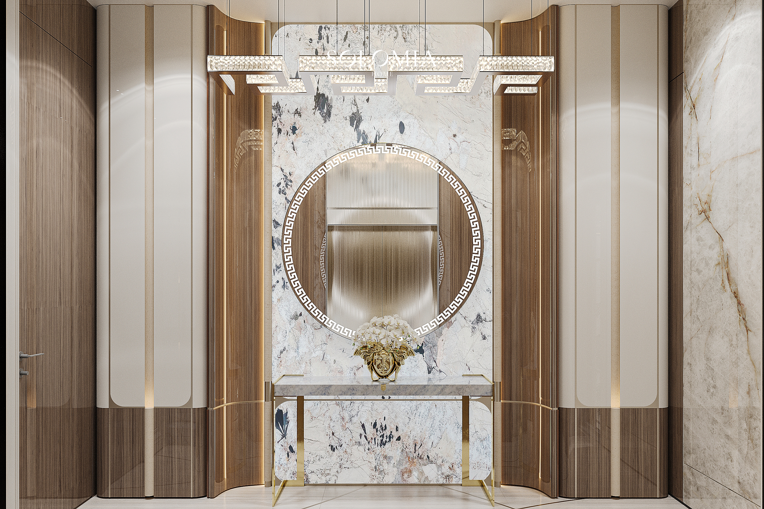 Hall with round mirror and Greek-key light, Versace Villa — luxury interior design Dubai