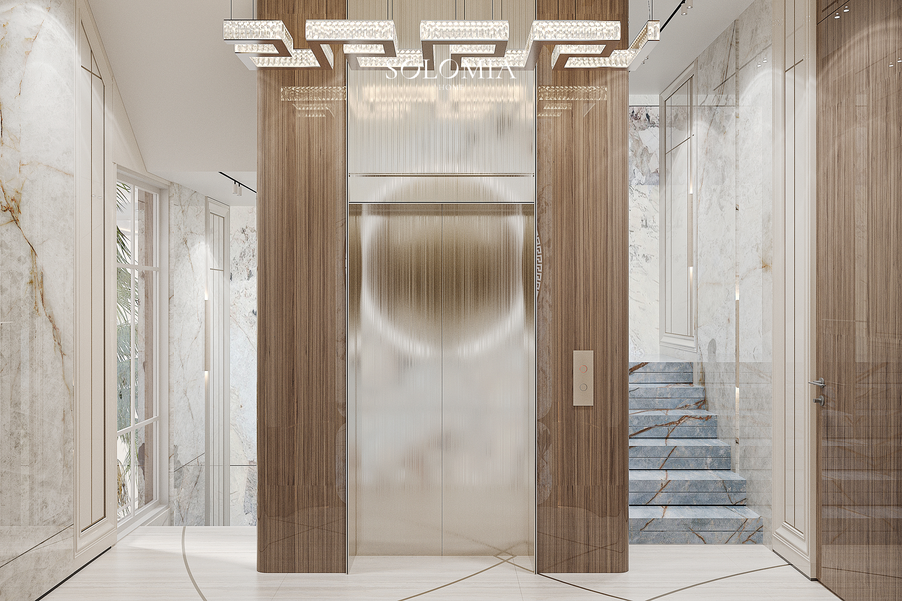 Elevator hall with marble floor, Versace Villa — luxury interior design Dubai