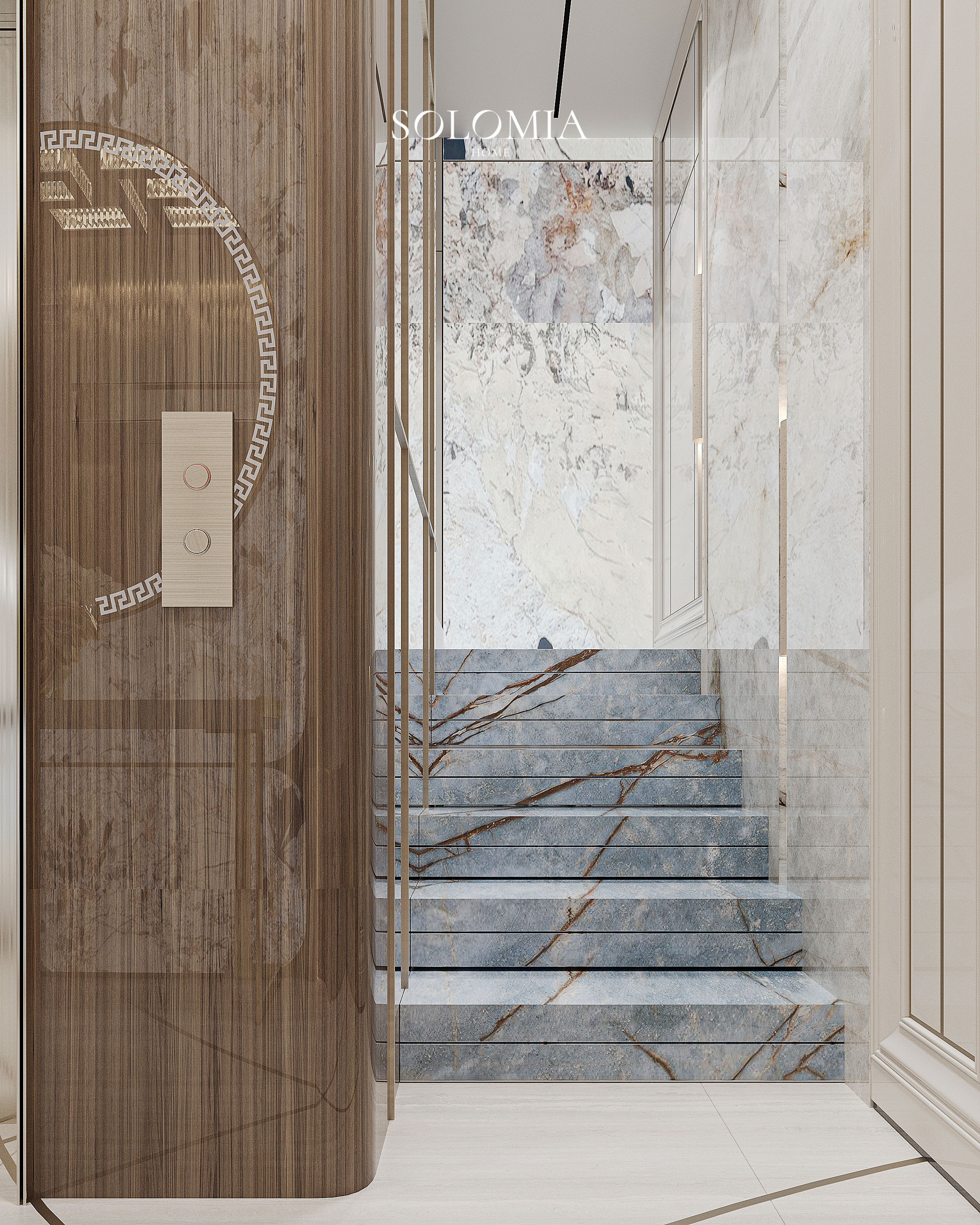 Blue marble staircase, Versace Villa — luxury interior design Dubai