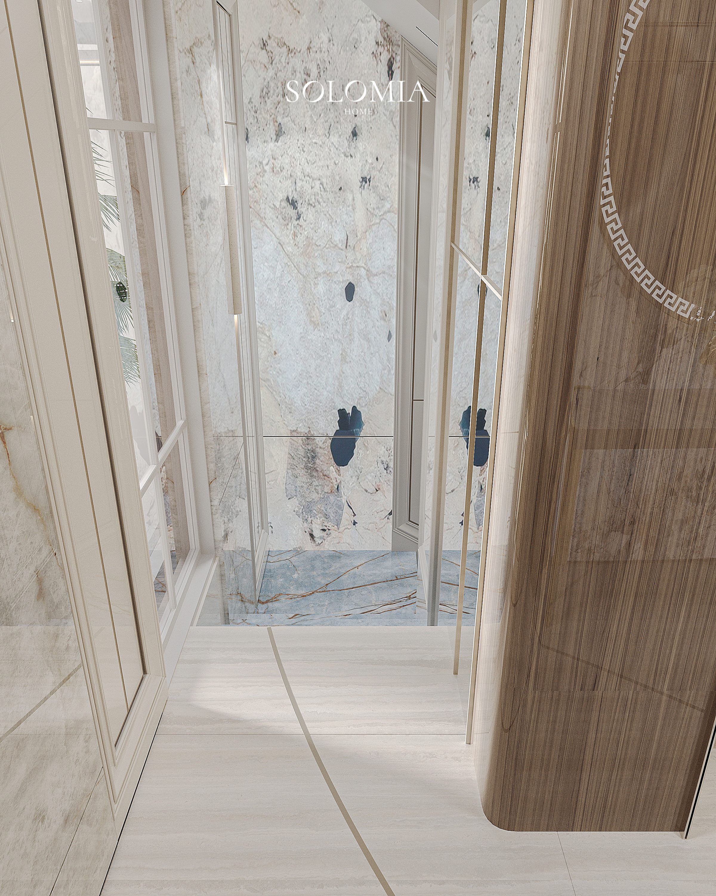 Hall with marble panels and glass door, Versace Villa — luxury interior design Dubai
