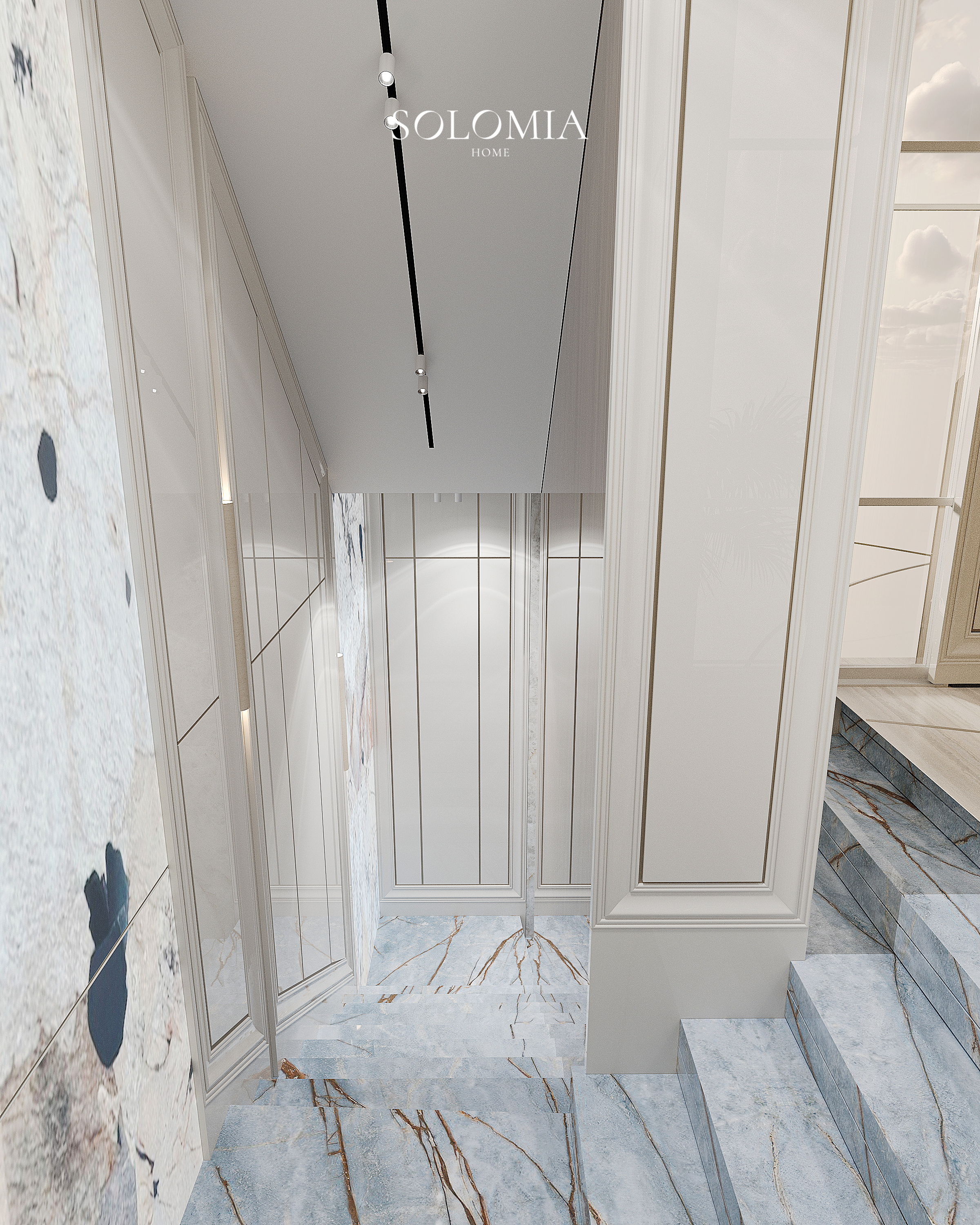 Marble staircase with lit columns, Versace Villa — luxury interior design Dubai