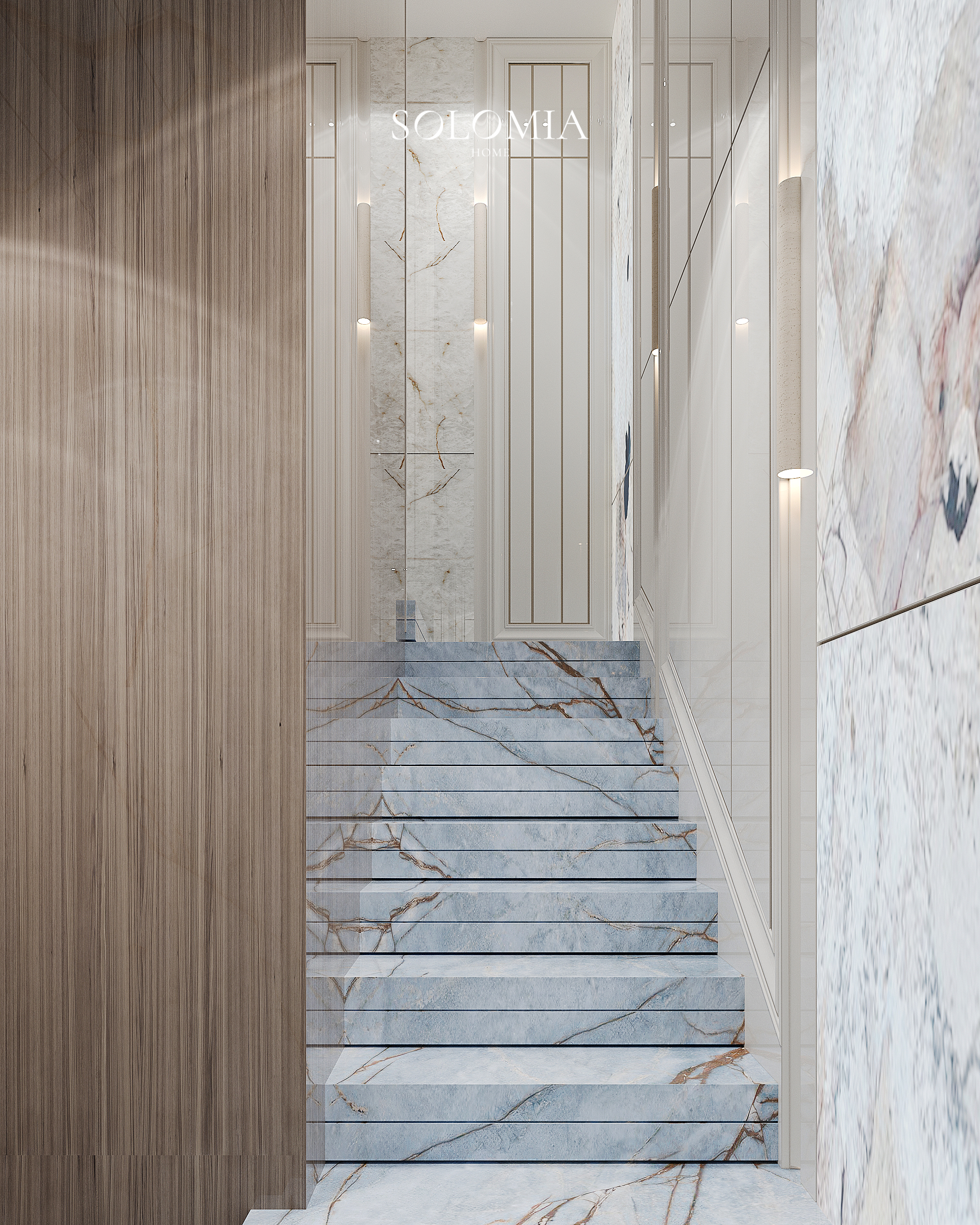 Marble staircase with wood panelling, Versace Villa — luxury interior design Dubai