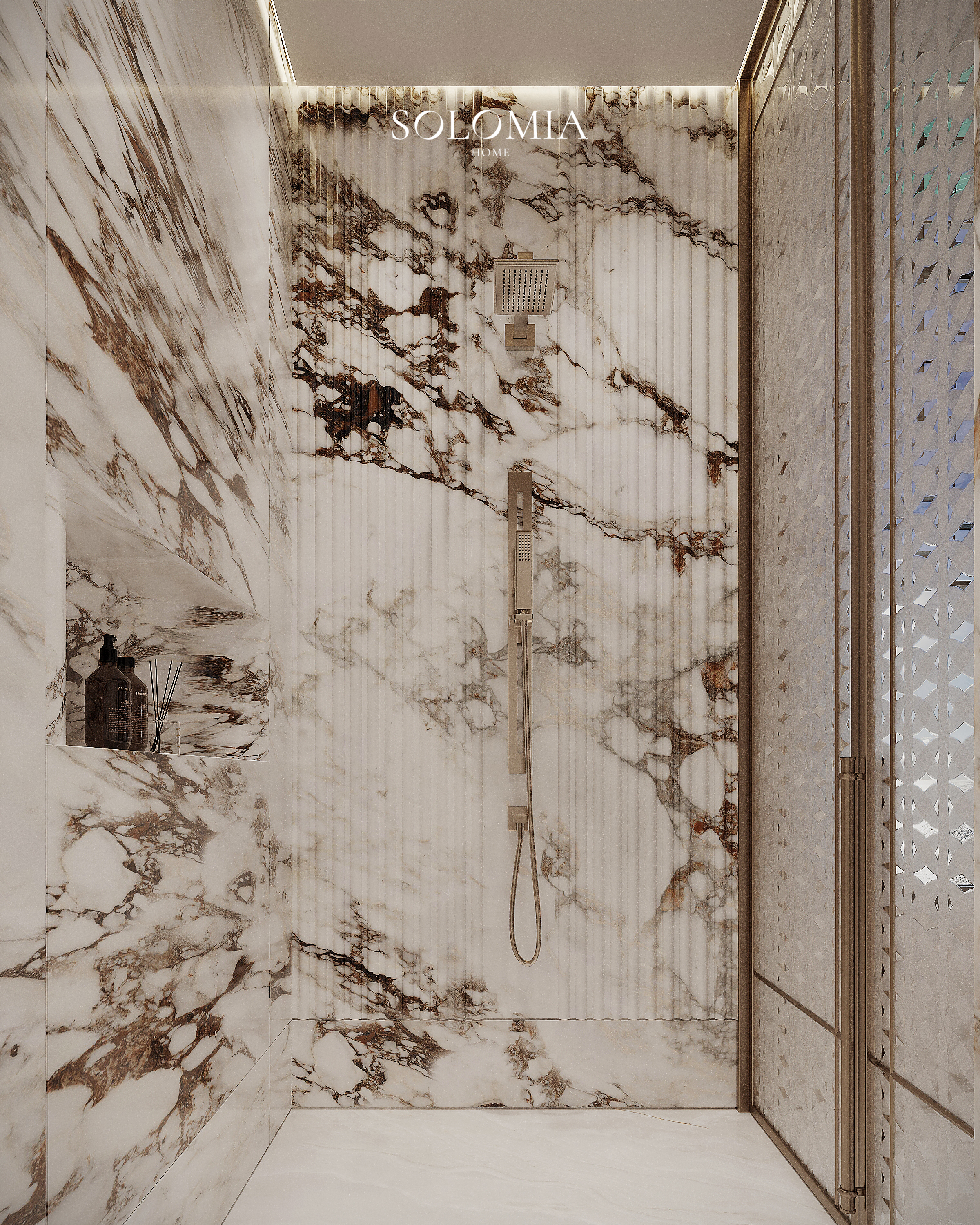 Marble shower with brass fittings, Versace Villa — luxury interior design Dubai