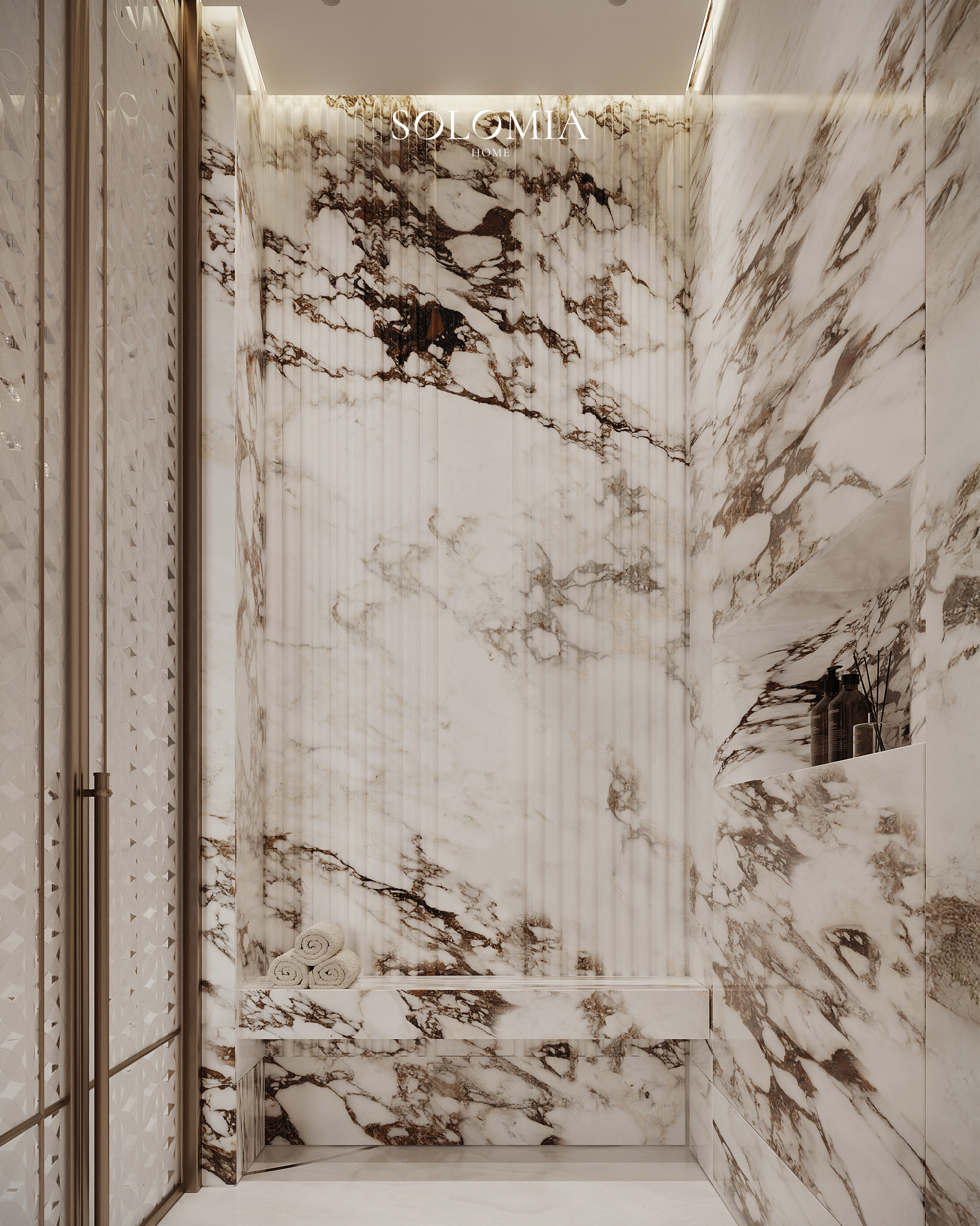 Marble bathroom with brass details, Versace Villa — luxury interior design Dubai