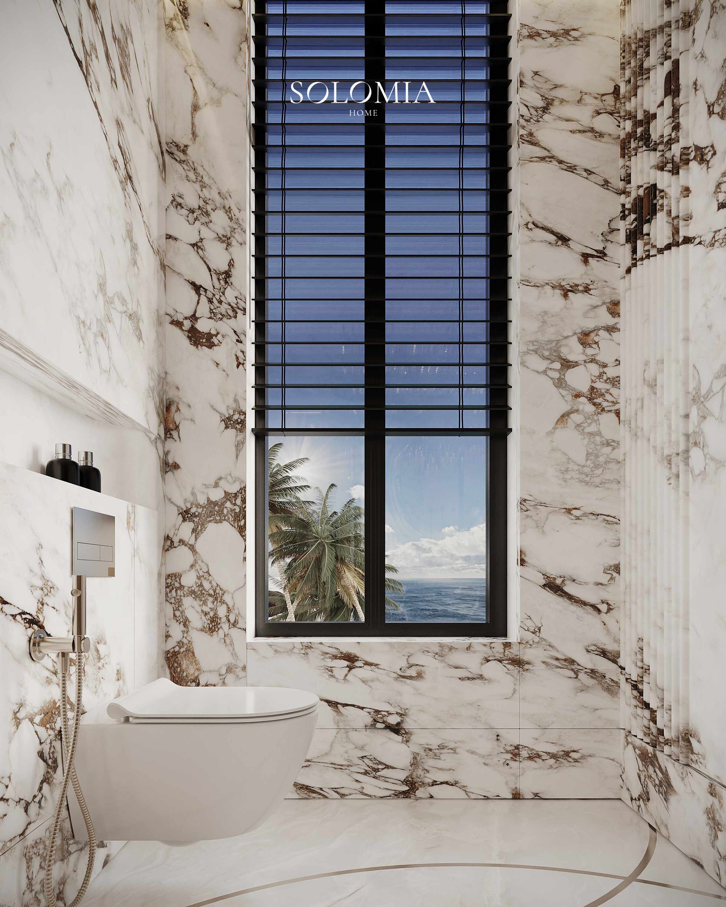 Marble bathroom with palm view window, Versace Villa — luxury interior design Dubai
