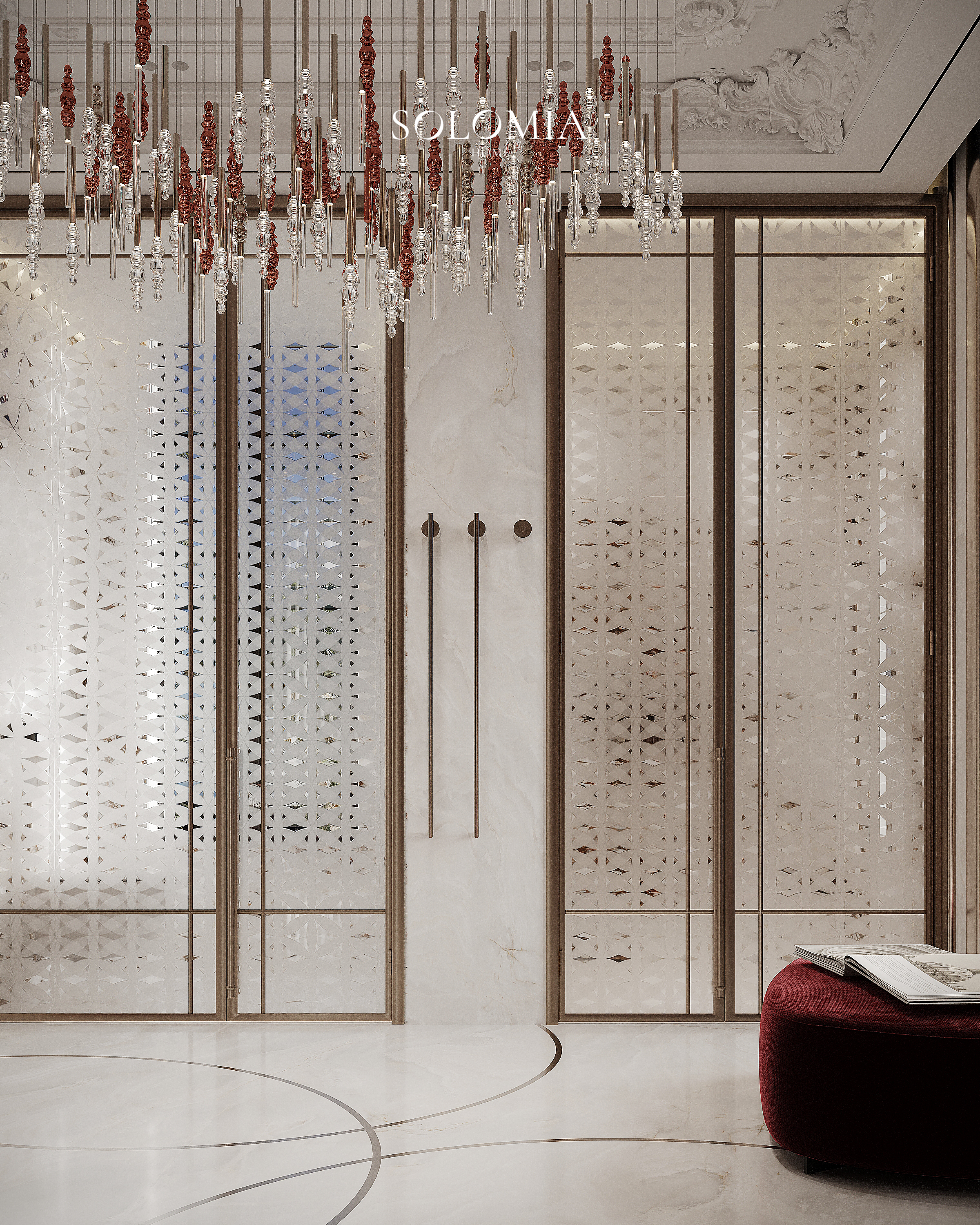 Bathroom with crystal chandelier and glass doors, Versace Villa — luxury interior design Dubai
