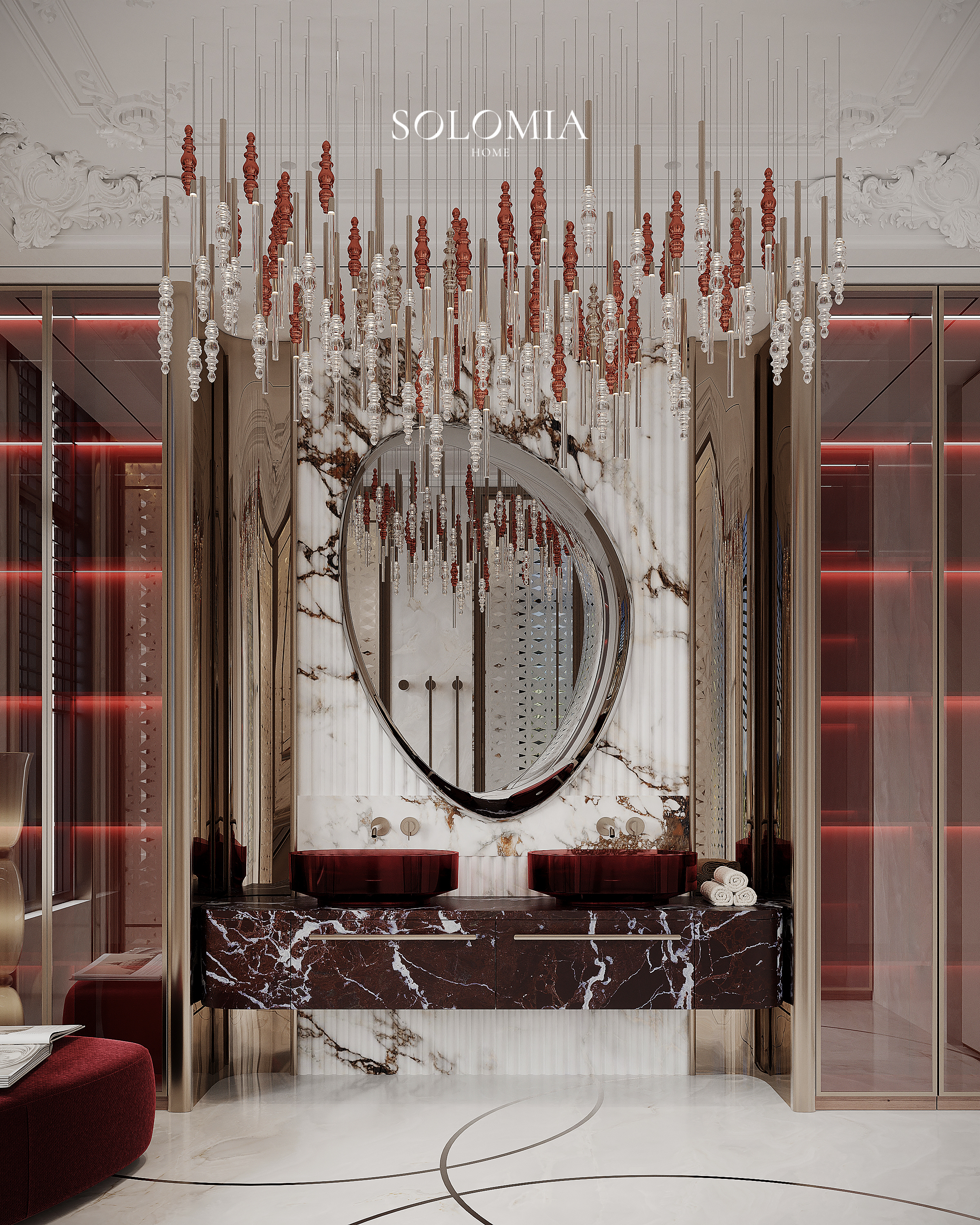 Master bathroom with red marble vanity and chandelier, Versace Villa — luxury interior design Dubai