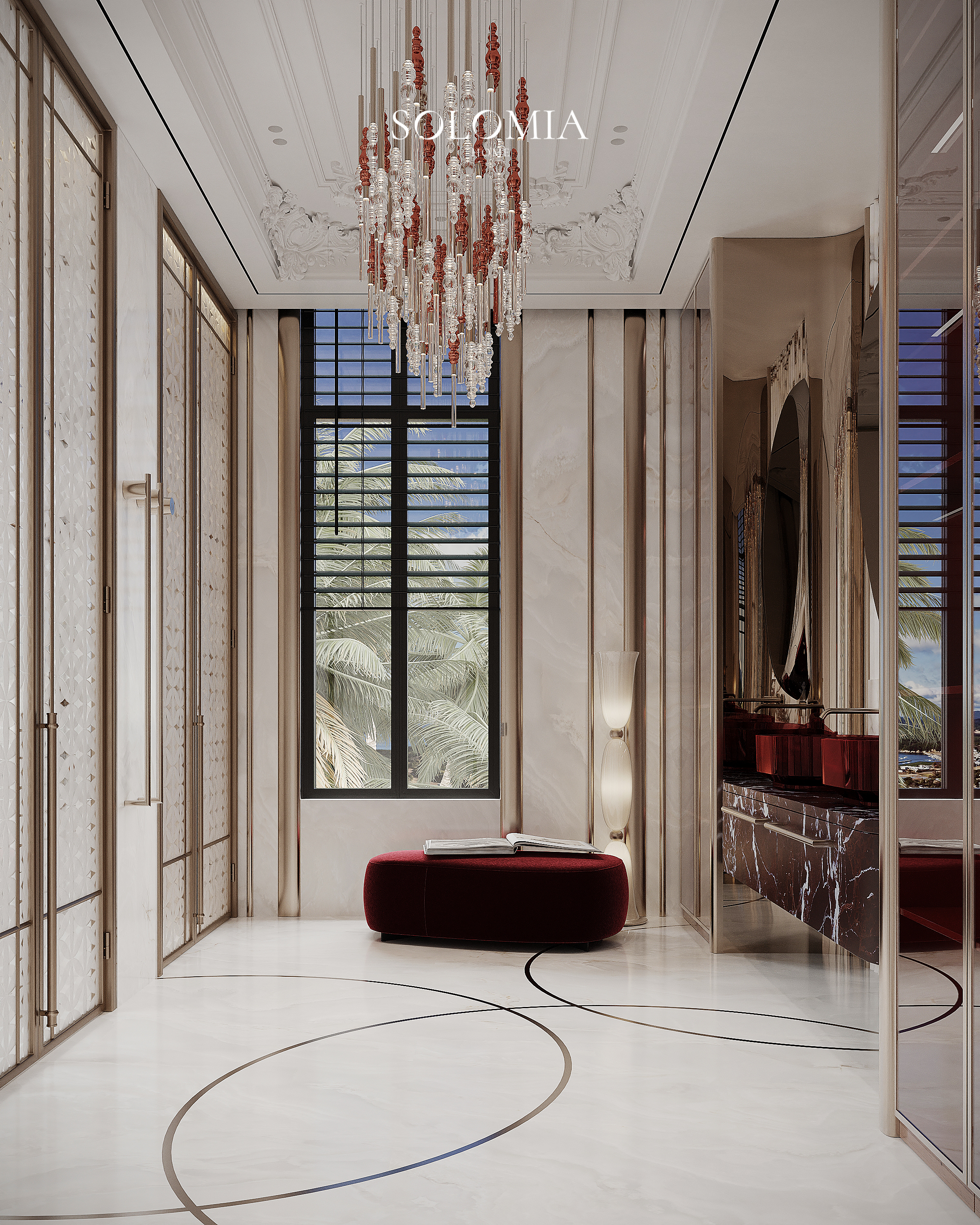 Master bathroom with red pouf and window, Versace Villa — luxury interior design Dubai