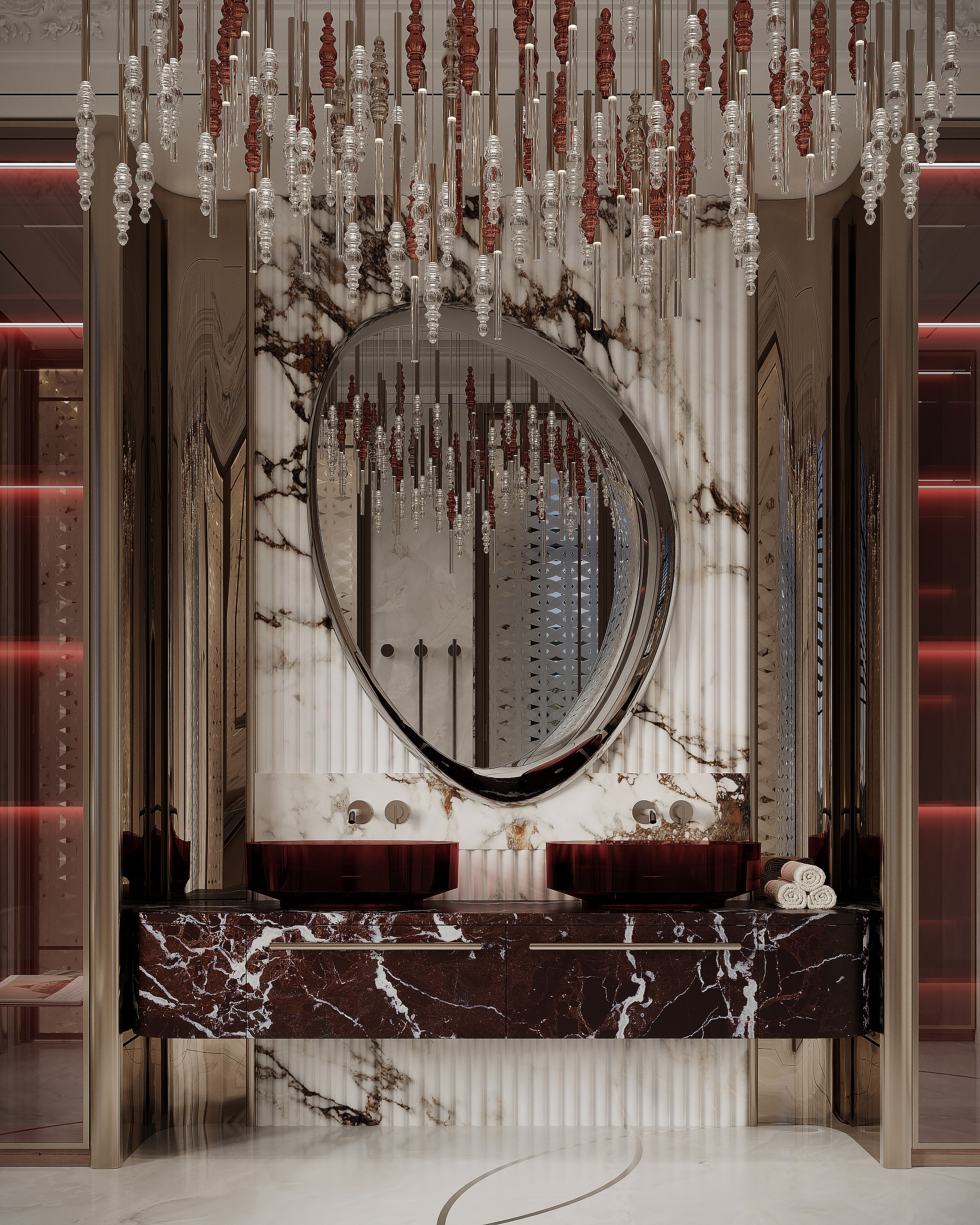Red marble double vanity with sculpted mirror, Versace Villa — luxury interior design Dubai