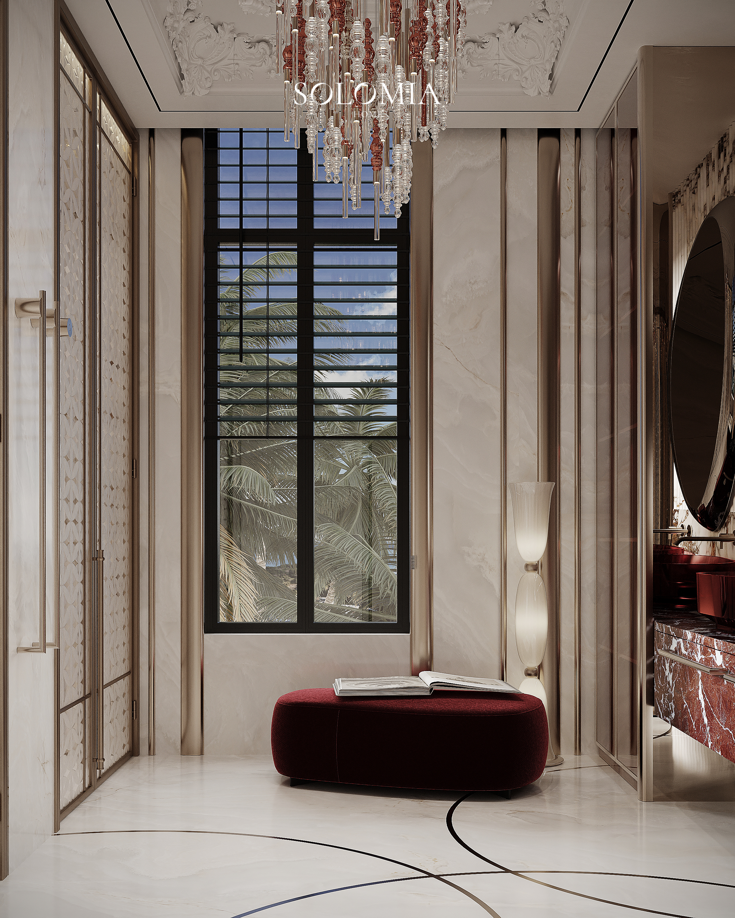 Bathroom with red pouf and marble panels, Versace Villa — luxury interior design Dubai