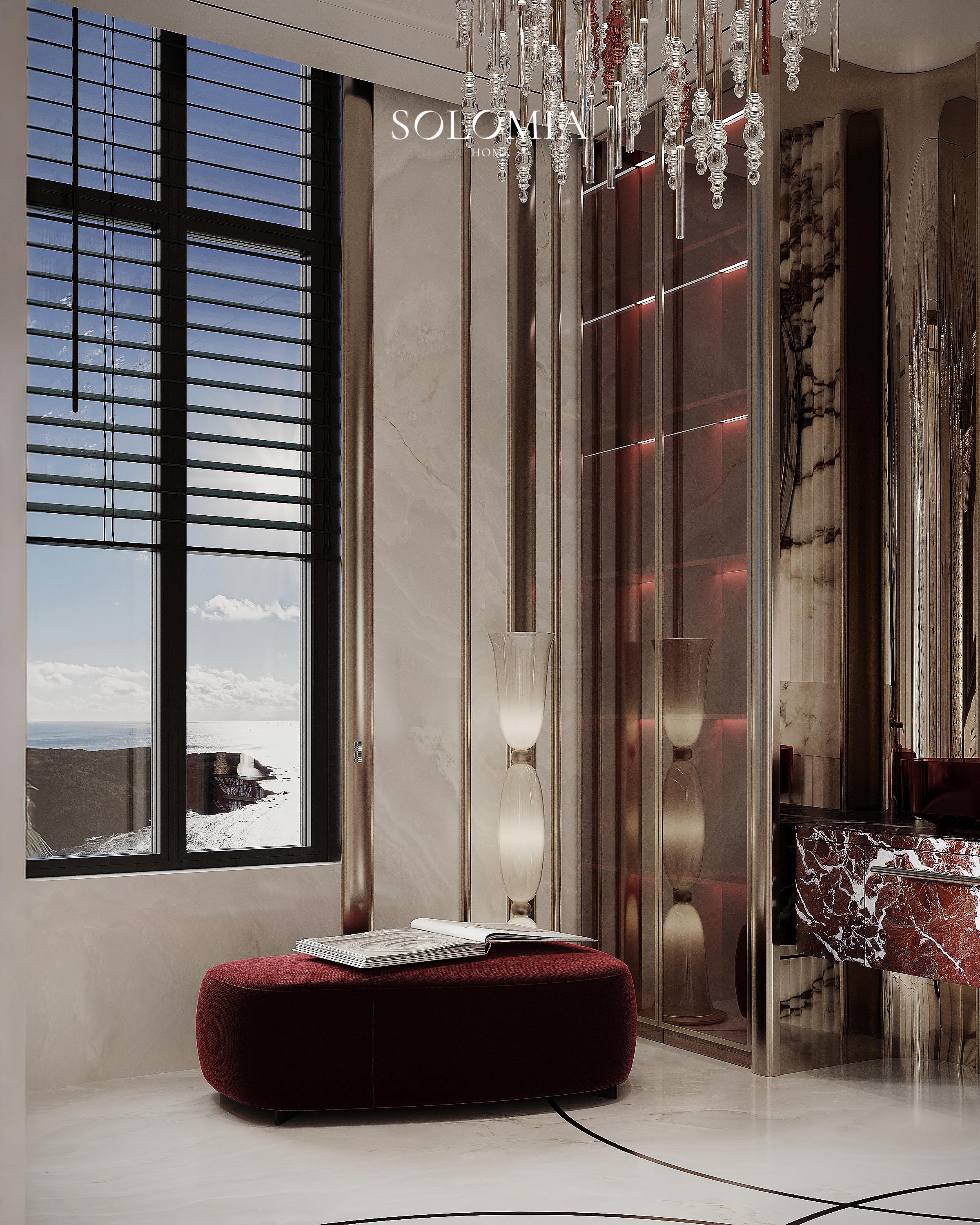 Bathroom with red marble vanity and window, Versace Villa — luxury interior design Dubai