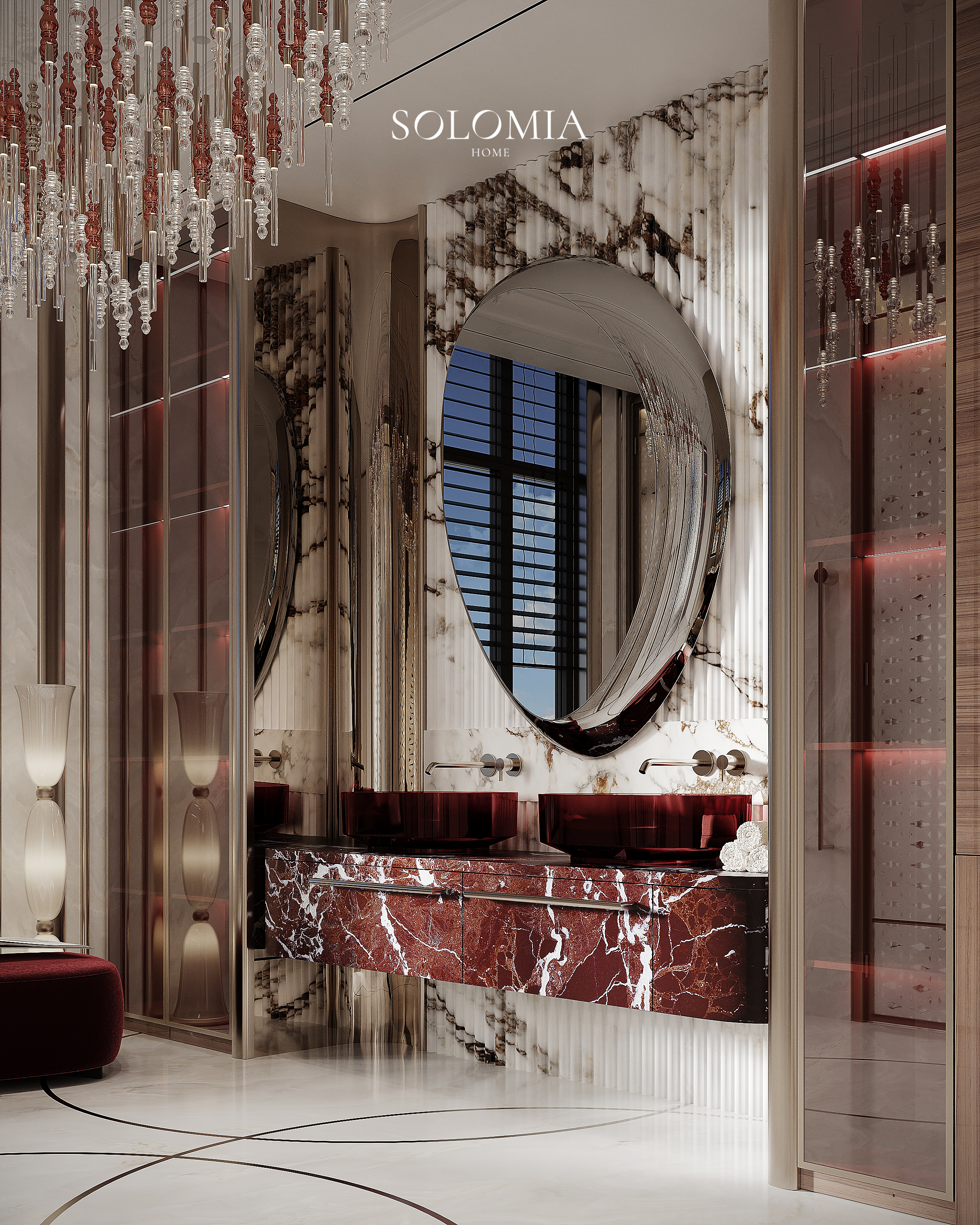 Vanity with sculpted mirror and crystal light, Versace Villa — luxury interior design Dubai