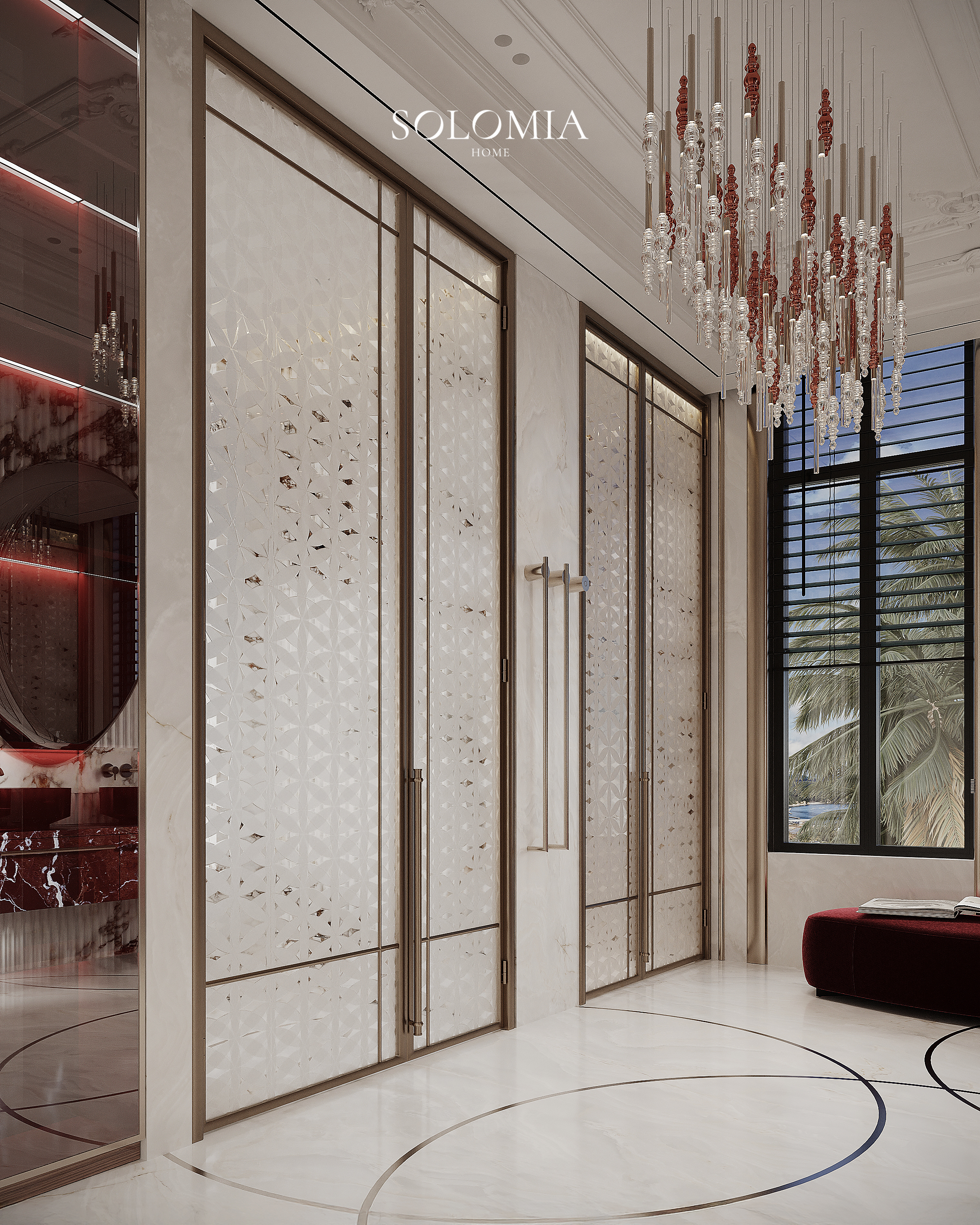 Bathroom with patterned glass doors, Versace Villa — luxury interior design Dubai