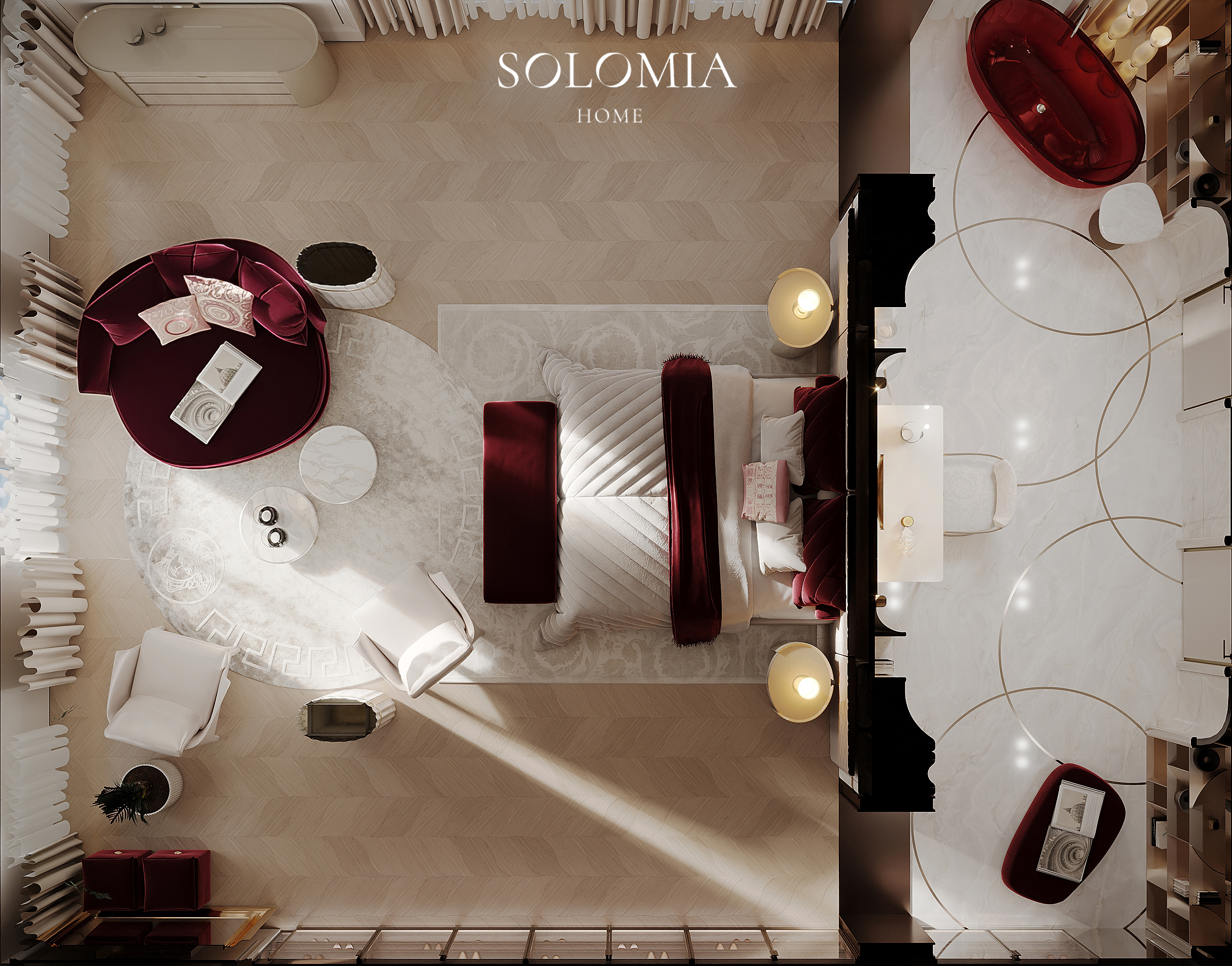 Master bedroom layout, top view, Versace Villa — interior design project