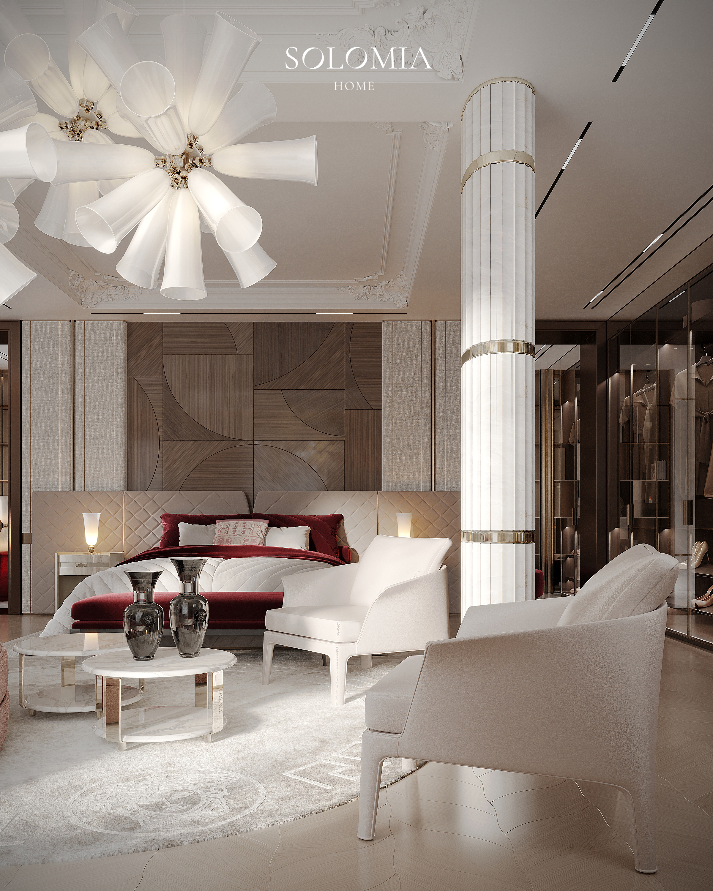Master bedroom with flower chandelier and red sofa, Versace Villa — luxury interior design Dubai