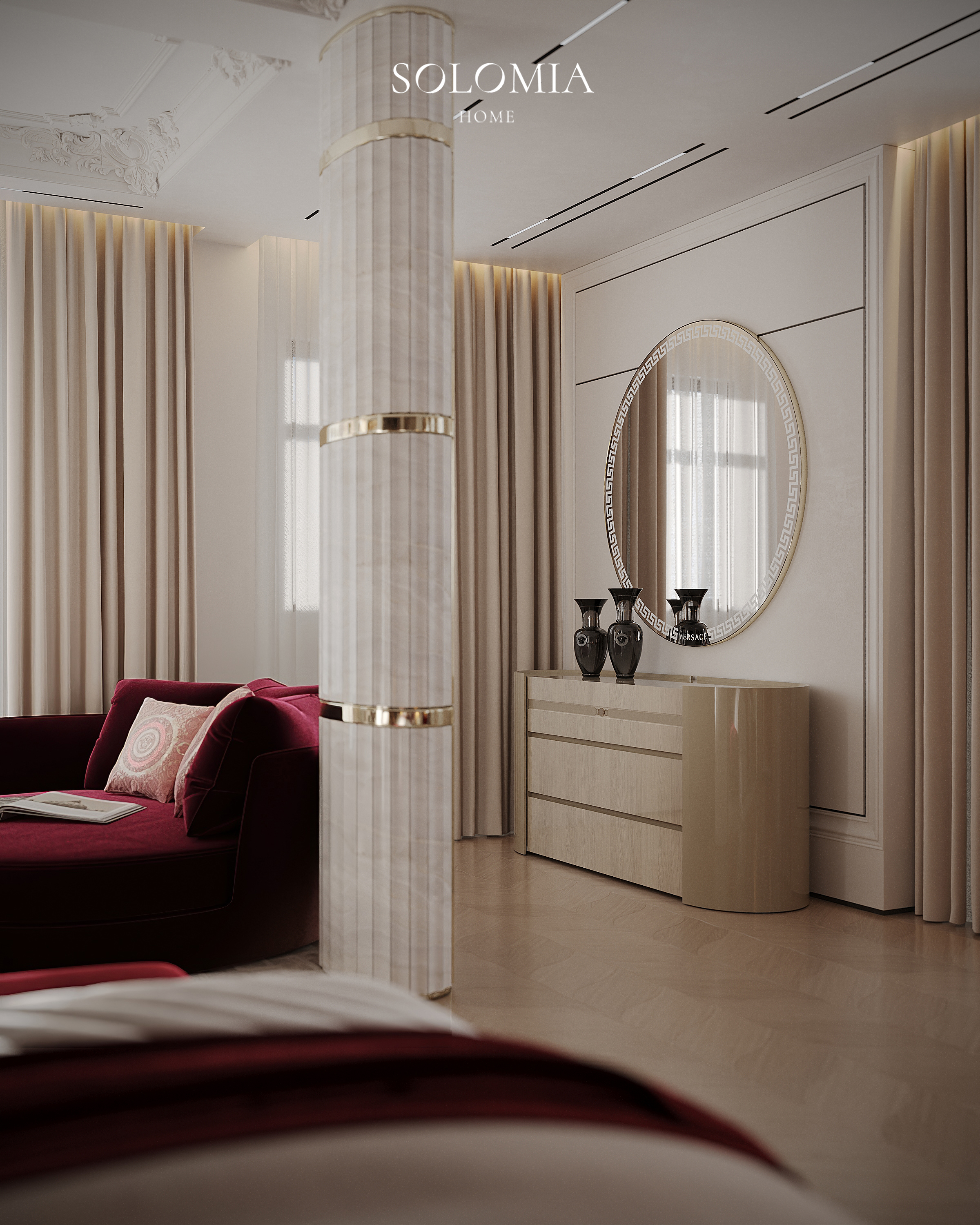 Master bedroom with dressing console, Versace Villa — luxury interior design Dubai