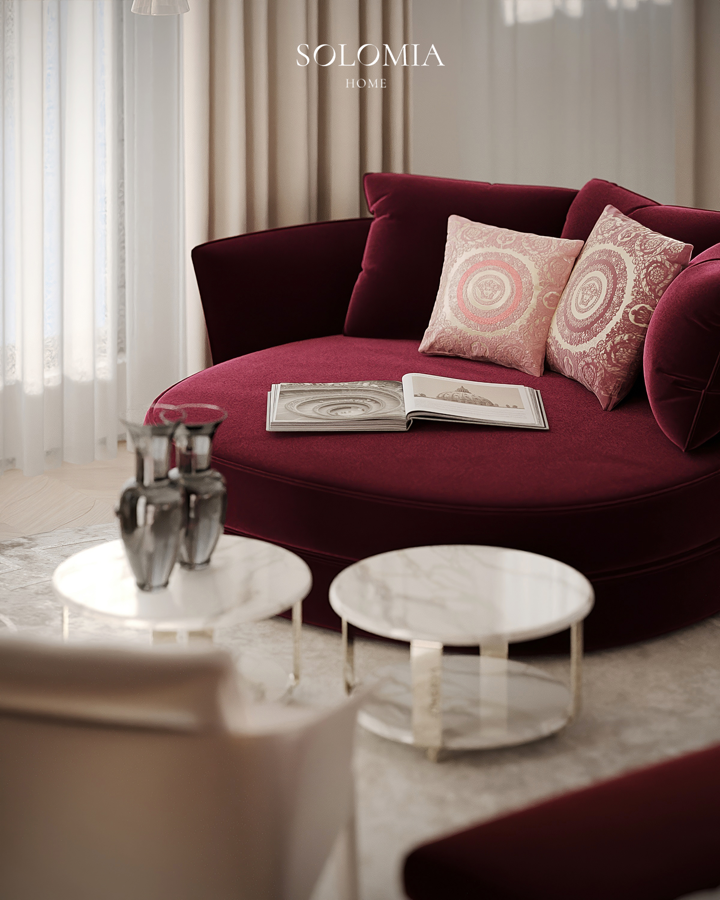 Burgundy velvet sofa with Versace cushions, Versace Villa — luxury interior design Dubai
