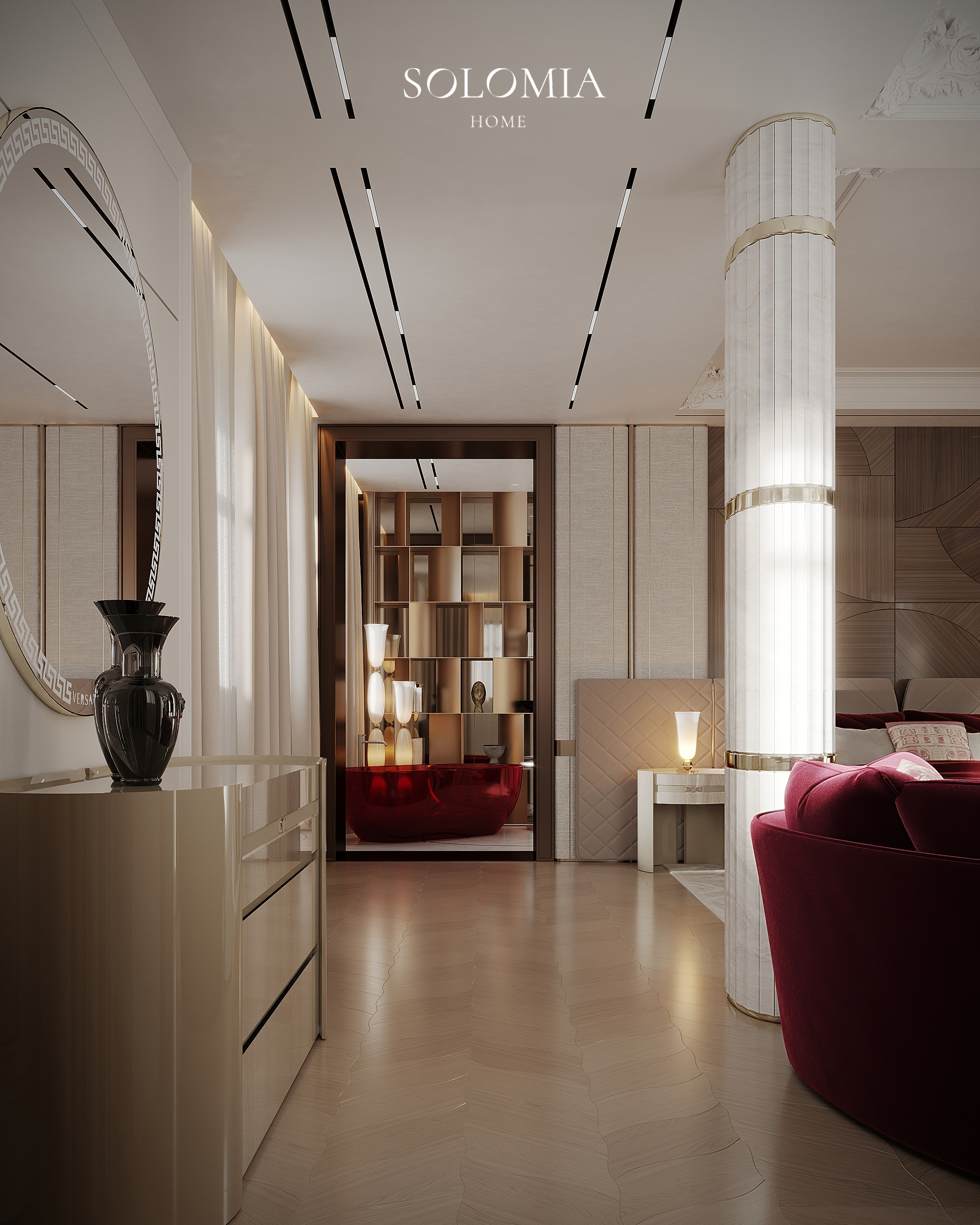 Bedroom with red velvet sofa and columns, Versace Villa — luxury interior design Dubai