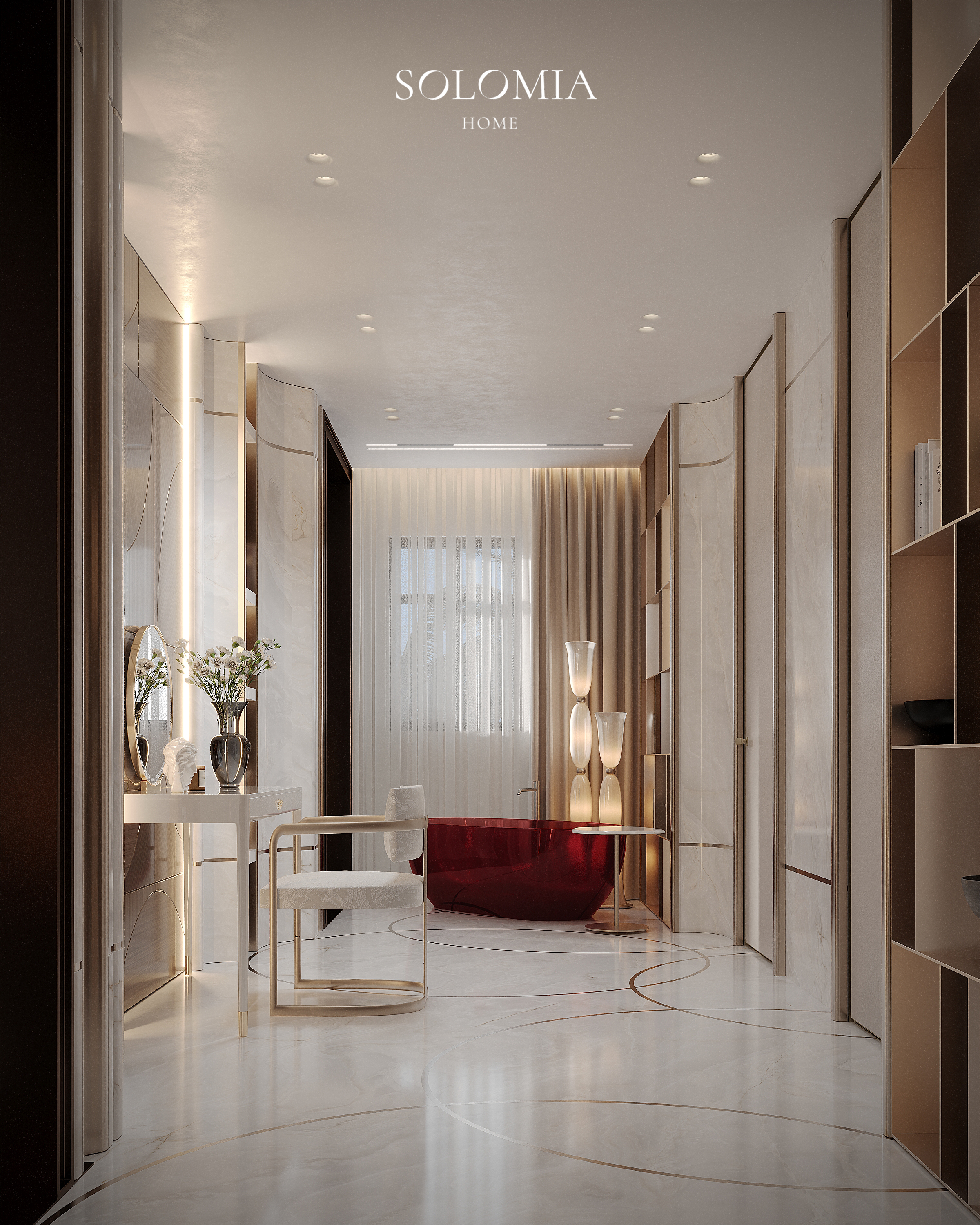 Bedroom with dressing table and red sofa, Versace Villa — luxury interior design Dubai