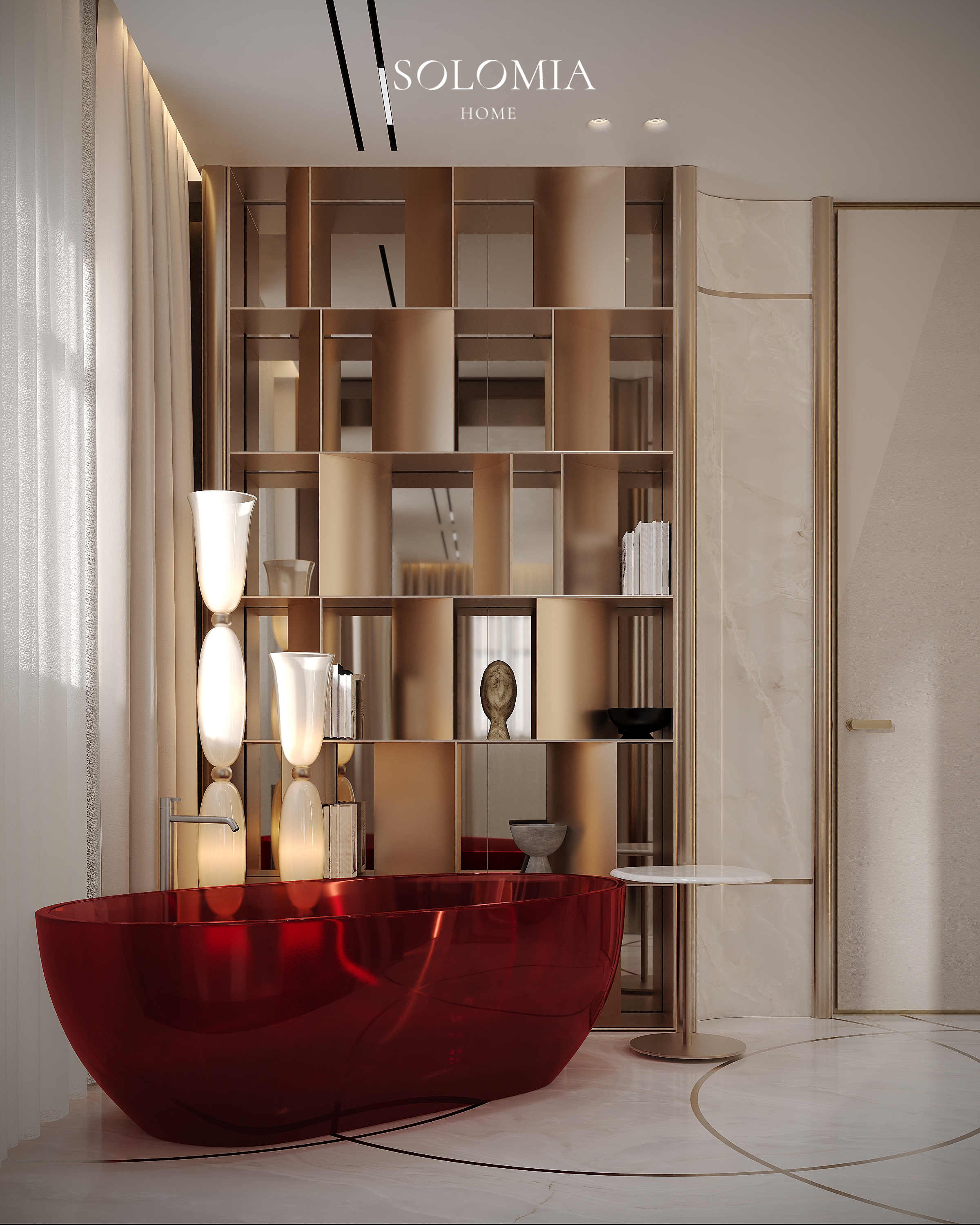 Red glass bathtub with lit shelving, Versace Villa — luxury interior design Dubai