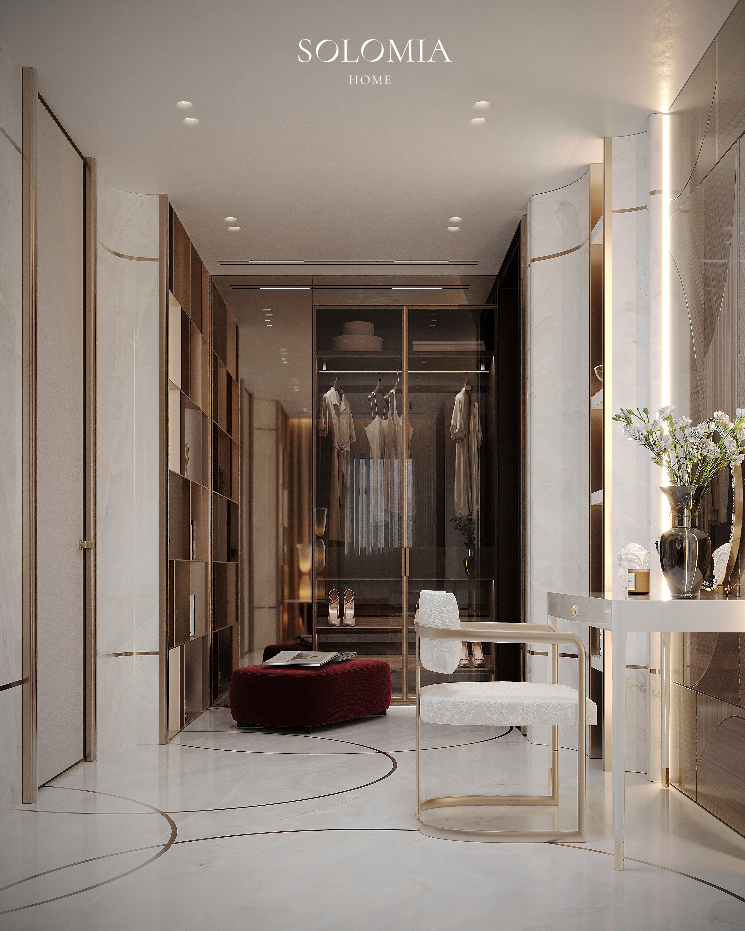 Dressing area with glass wardrobes, Versace Villa — luxury interior design Dubai
