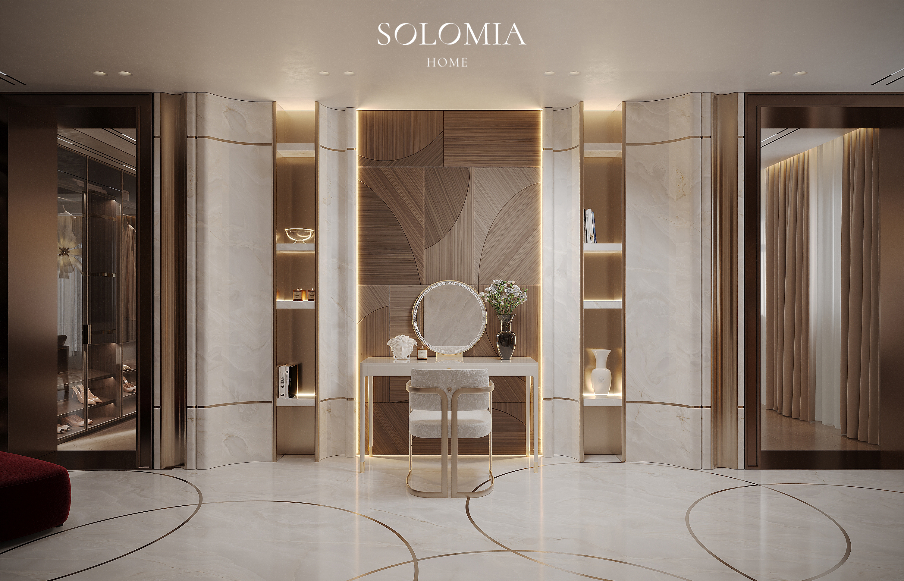 Dressing niche with round mirror, Versace Villa — luxury interior design Dubai